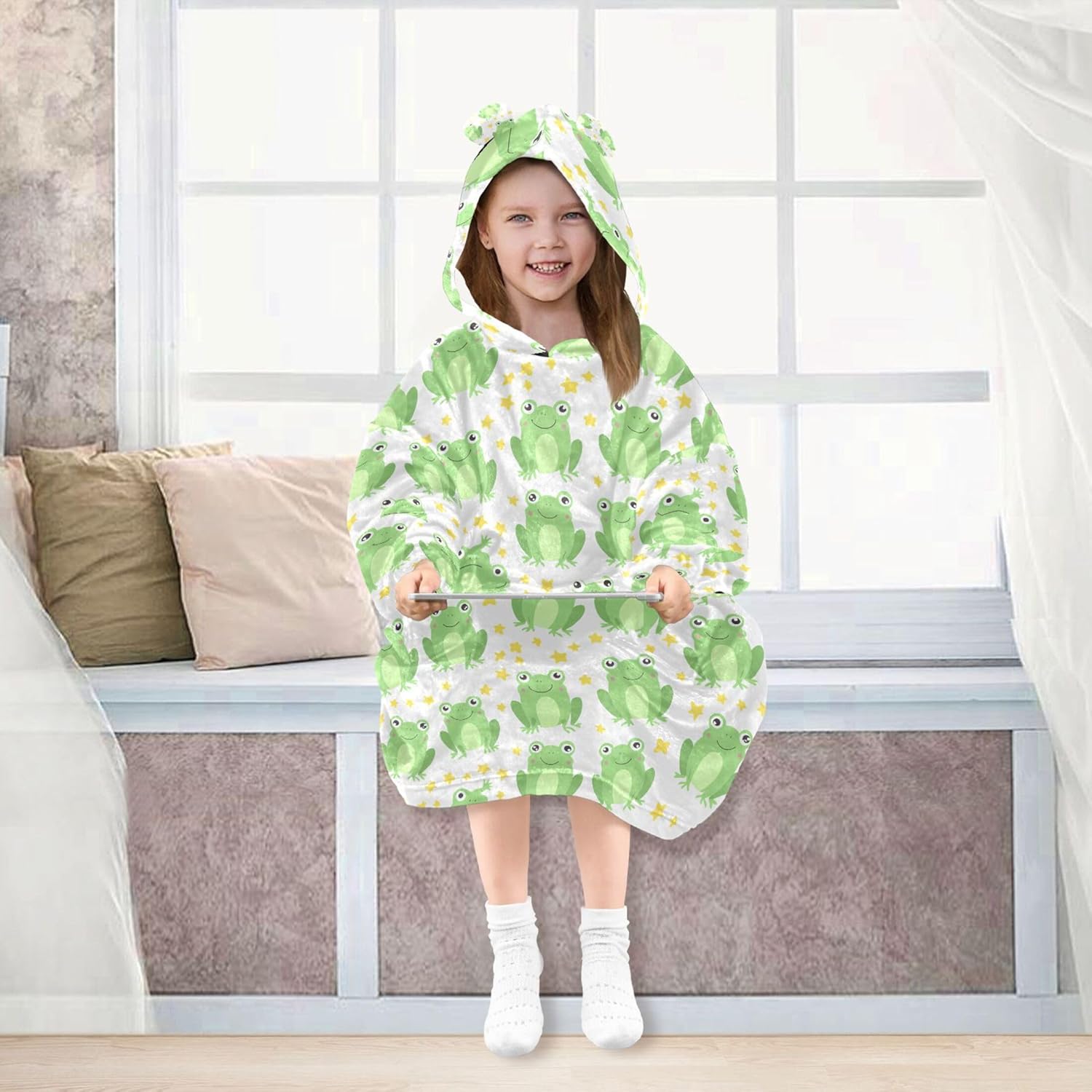 Cute Frog Kids Wearable Blanket Hoodie with Pocket and Sleeves for Toddlers, Cute Hoodies 3-14 Year Girls Boys