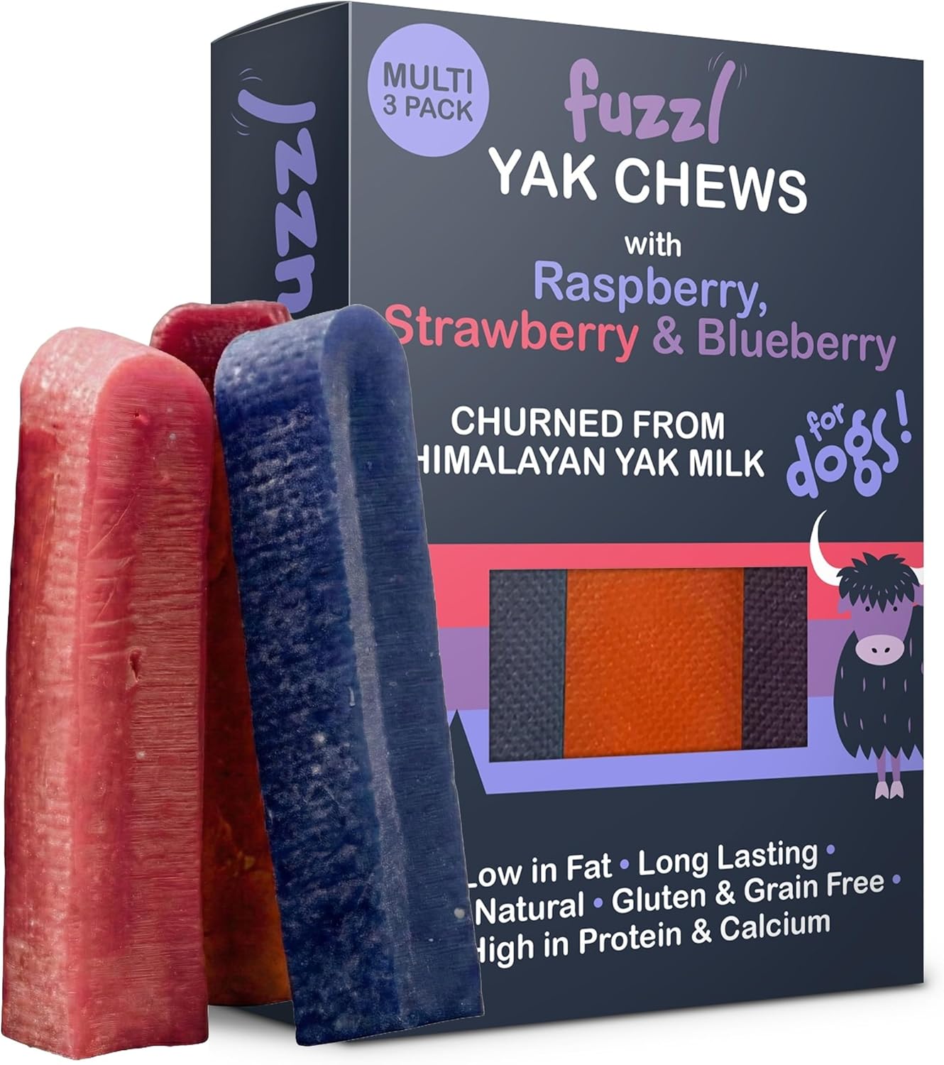 Fuzzl Raspberry, Strawberry, Blueberry Yak Chews for Dogs Box 3 225g | Natural Himalayan Yak Cheese Treats | Long-Lasting, Grain-Free, Antioxidant & Vitamin-Rich Dental Chews