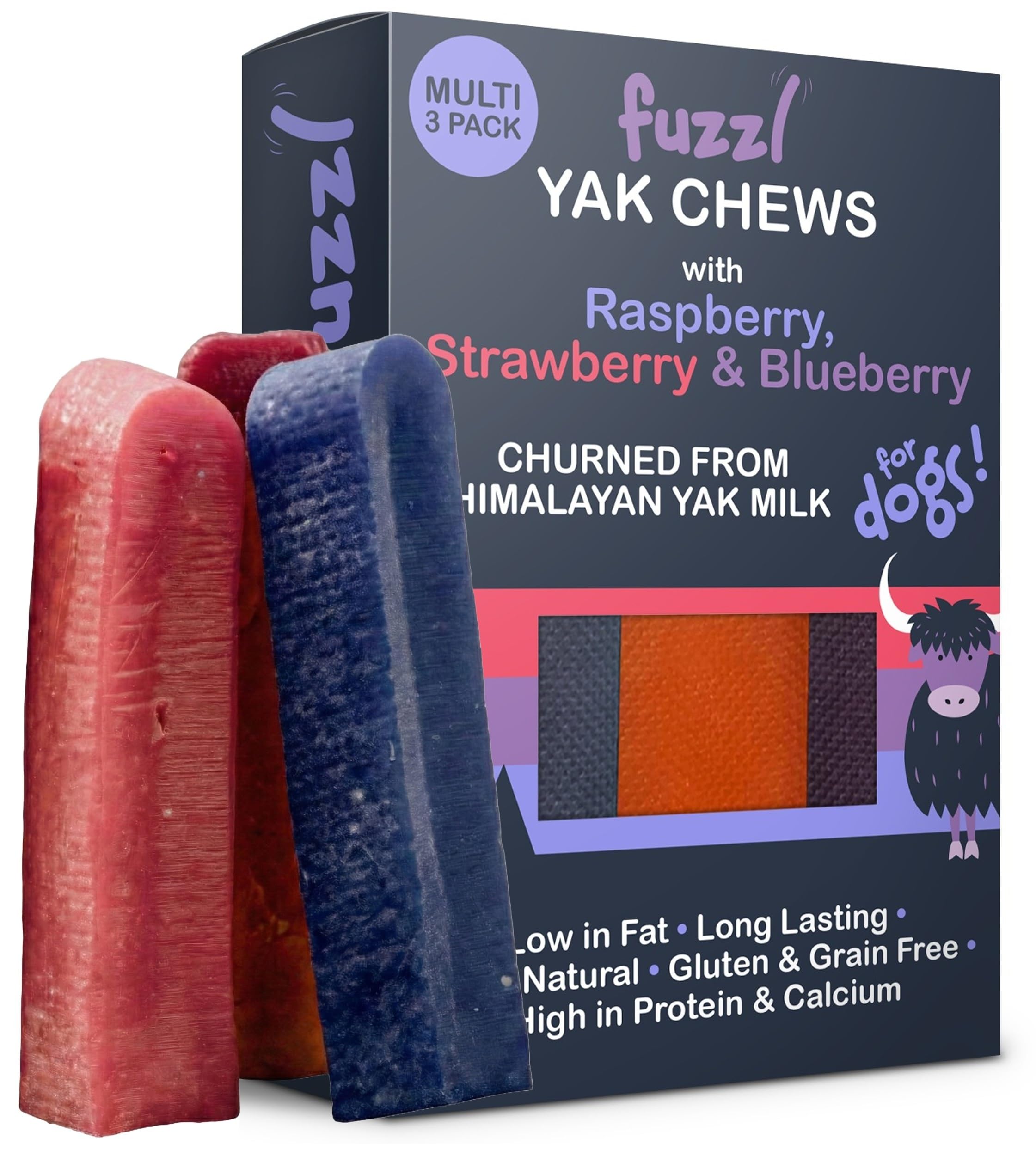 Fuzzl Raspberry, Strawberry, Blueberry Yak chews for Dogs Box 3 225g | Natural Himalayan Yak Cheese Treats | Long-Lasting, Grain-Free, Antioxidant & Vitamin-Rich Dental Chews