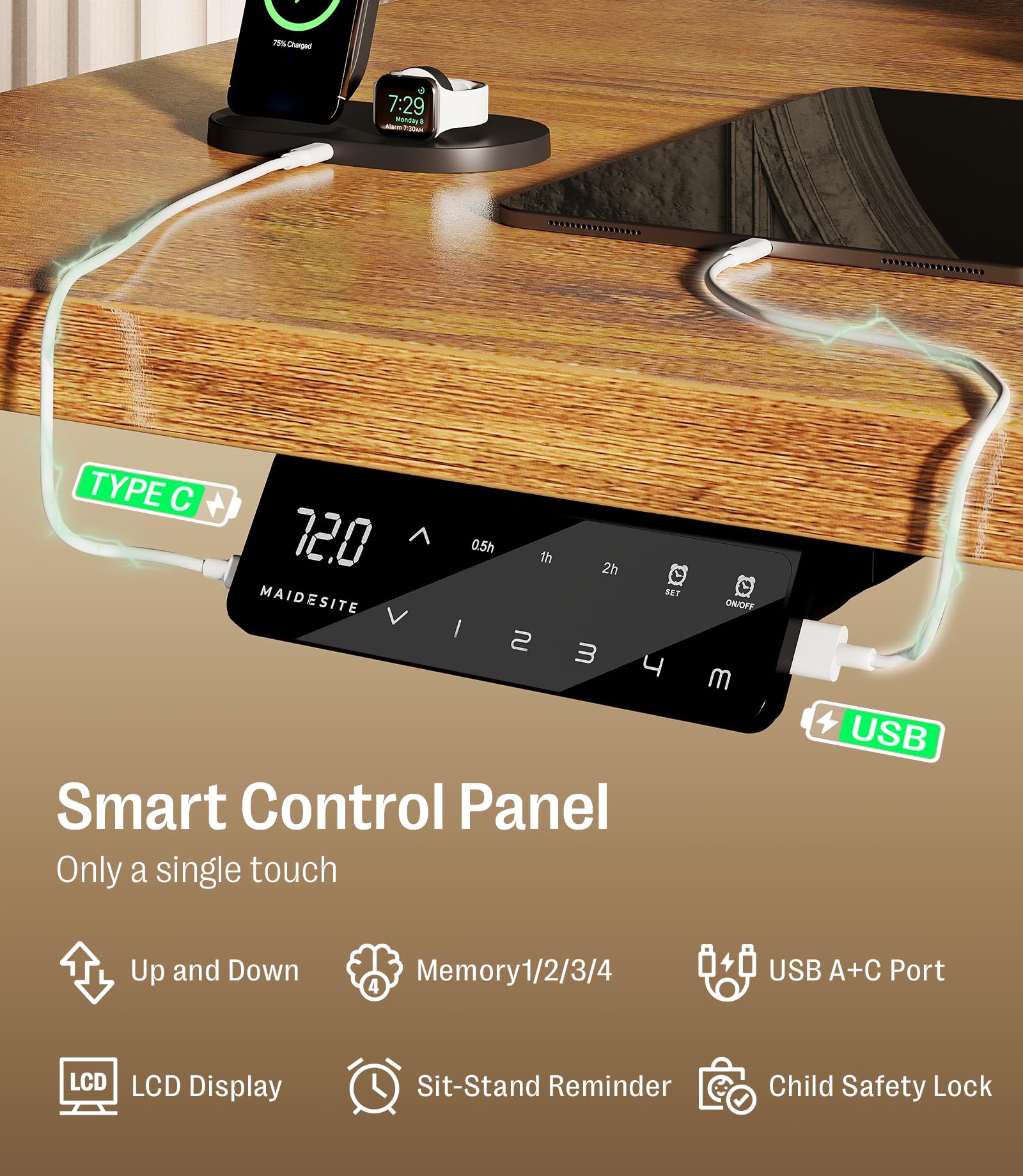 MAIDeSITe - Scrivania regolabile in altezza 160x80cm - Scrivania elettrica regolabile in altezza a 3 livelli con 2 motori energeticamente efficienti - Posti di lavoro stabili e silenziosi, capacità di