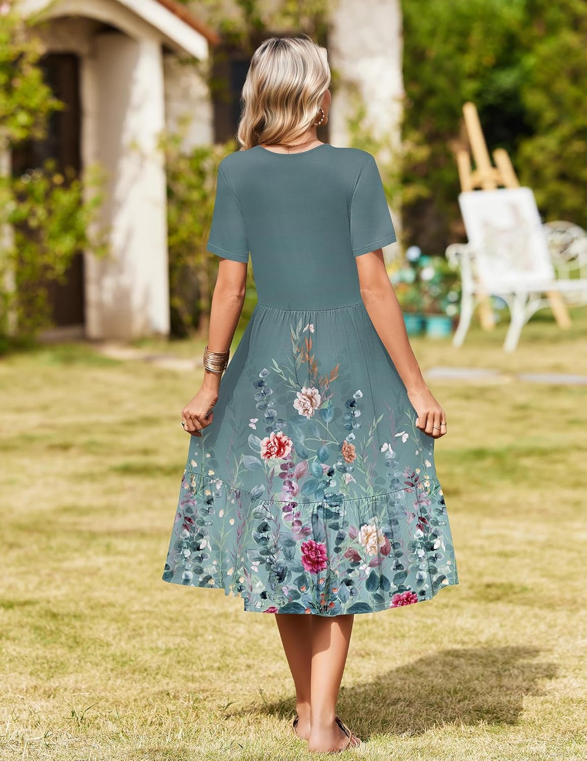 Zeagoo Womens Summer Warp V-Neck Casual Dresses Short Sleeve Midi Floral Dress with Pockets Tiered Flowy A Line Sundress - Image 6