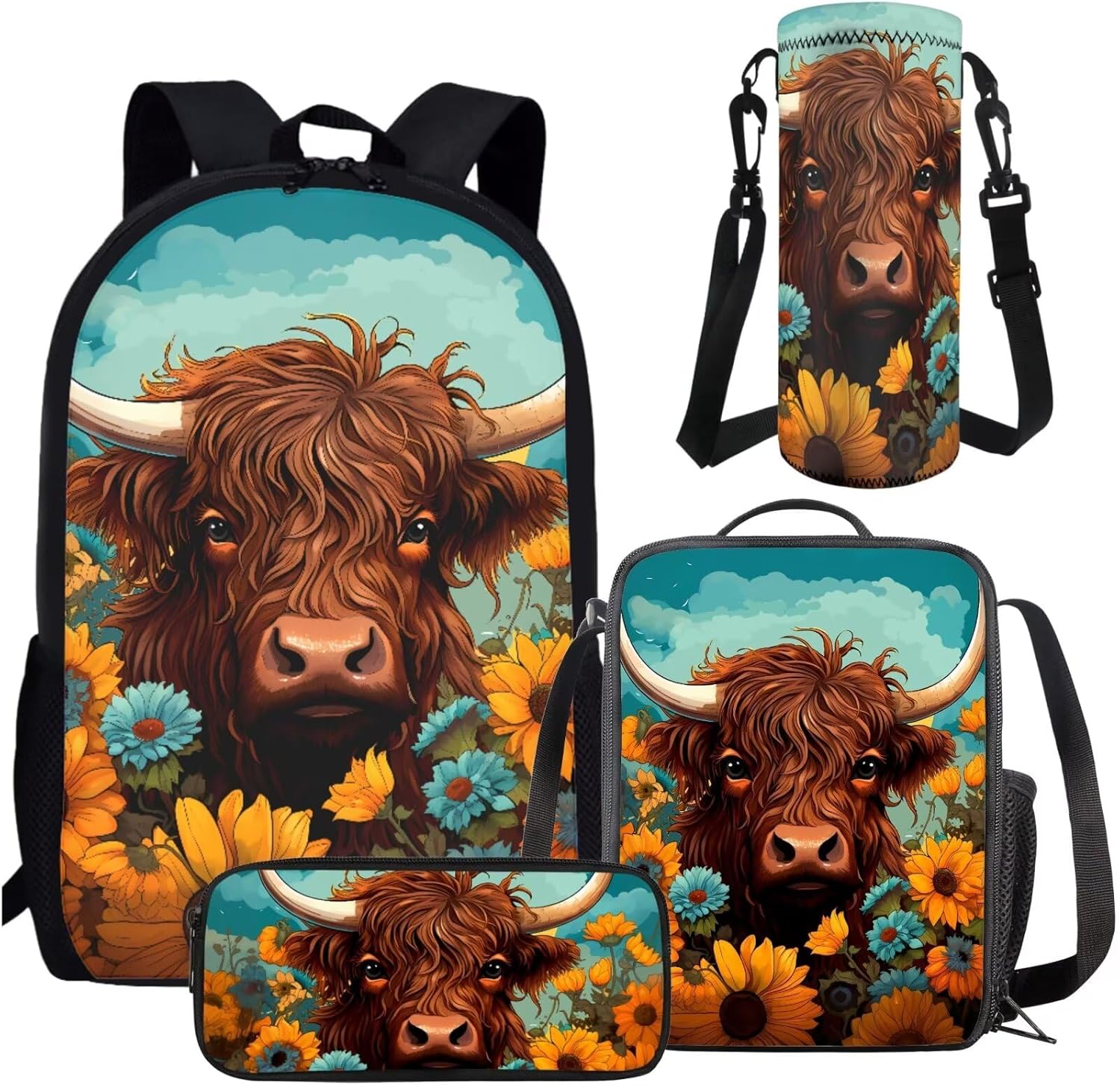 AmzPrint 4 In 1 Highland Cow Backpack Set Sunflower Bookbag And Lunch Box Pencil Bag Water Bottler Carrier Set For Girls Boys
