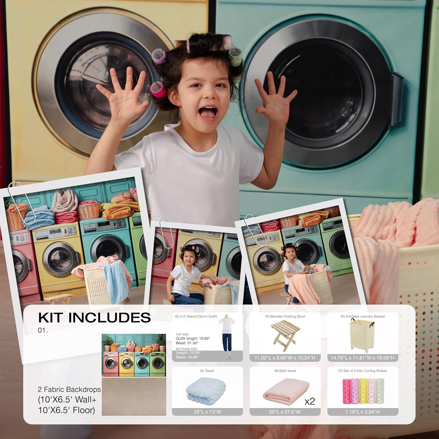 Kate Laundry Room Photo Kit Themed Bundles for Kids Photography Room Set Includes 2 Backdrops & 7 Piece Set(Total 9 Sets)