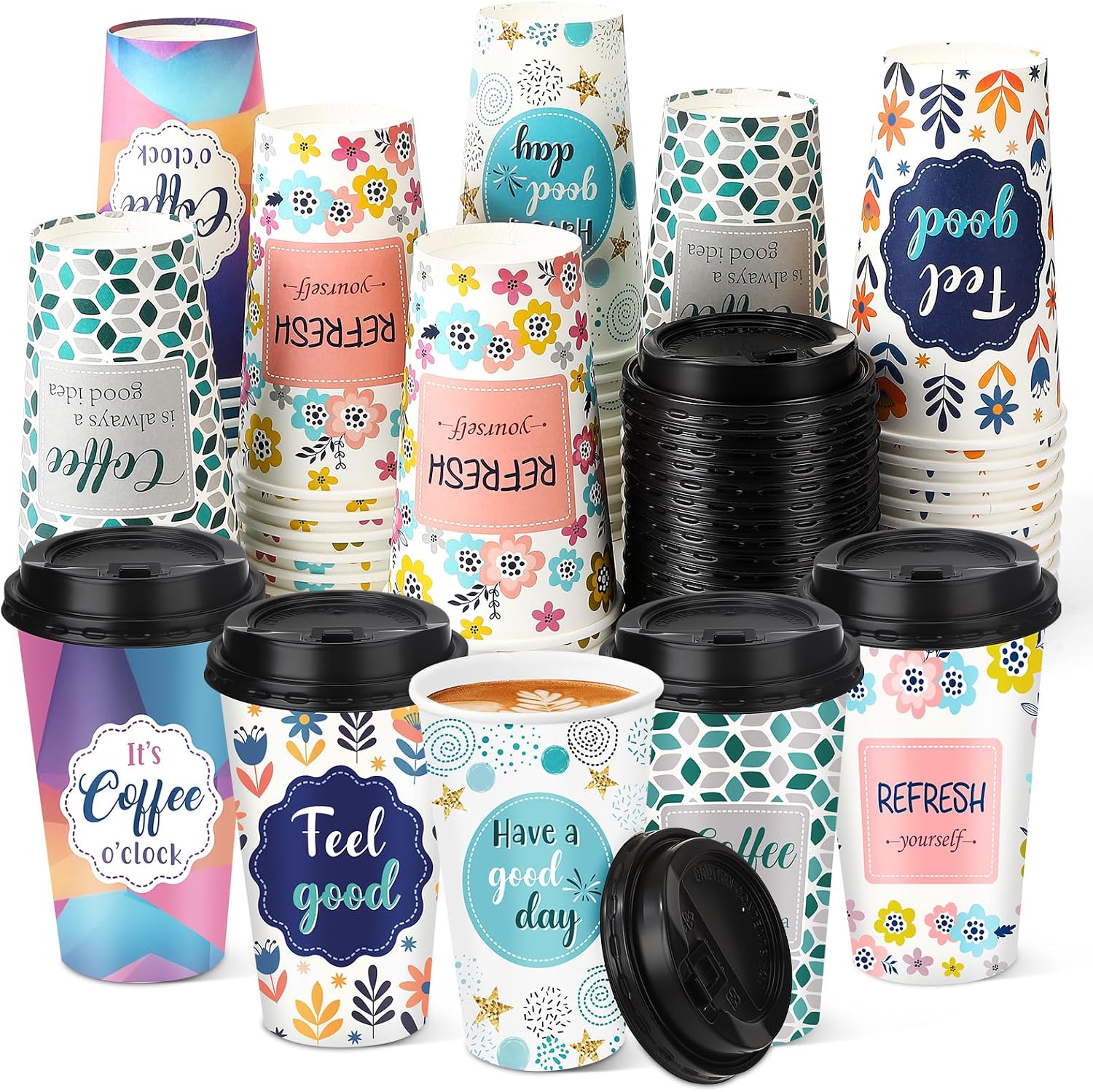 50 Pack 16 oz Disposable Coffee Cups with Lids Quotes