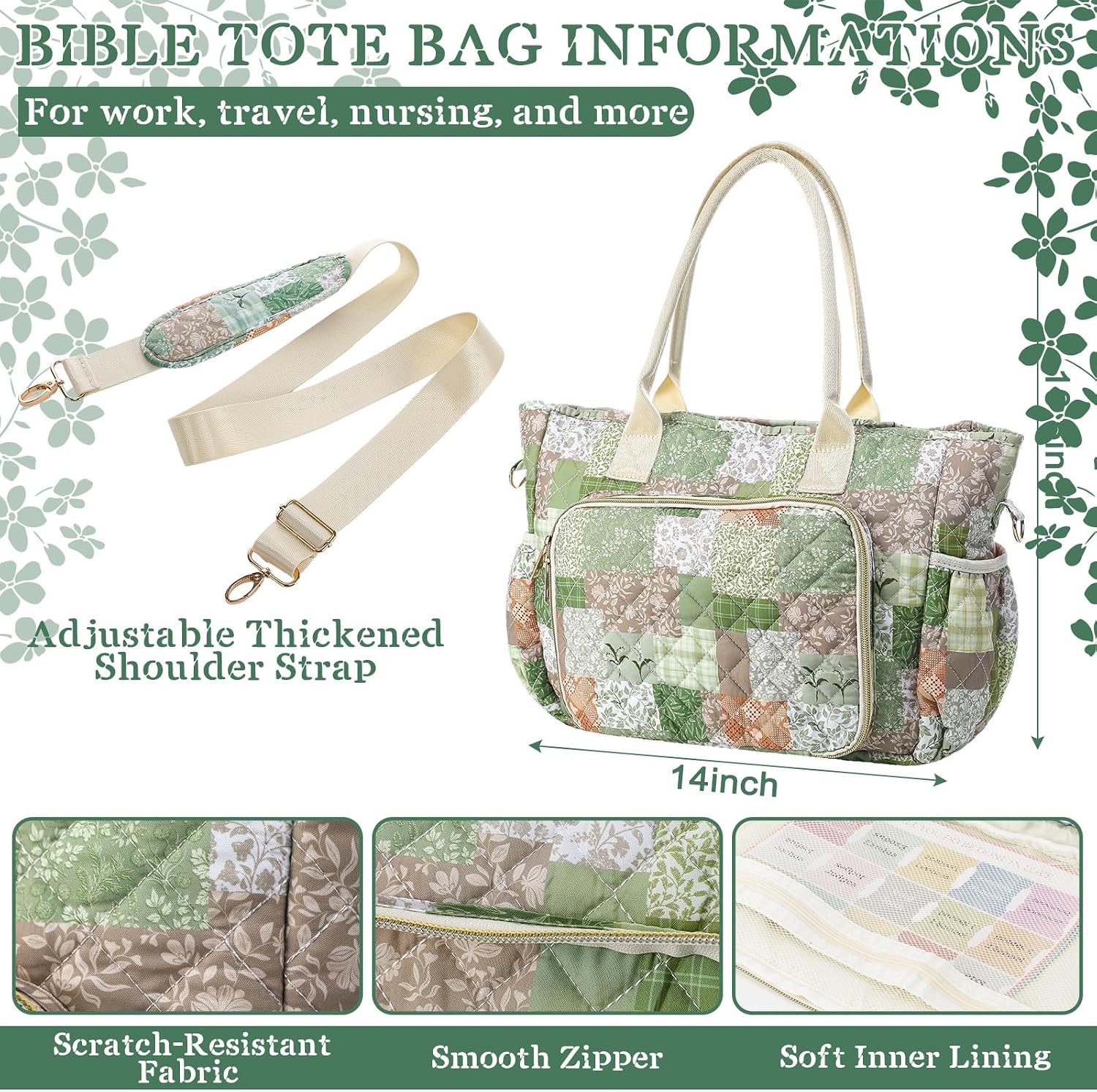 Large Bible Bag Quilted Bible Cover Case Kit for Women Church Bag with Shoulder Strap Study Supplies Christian Gifts(Splicing Floral)