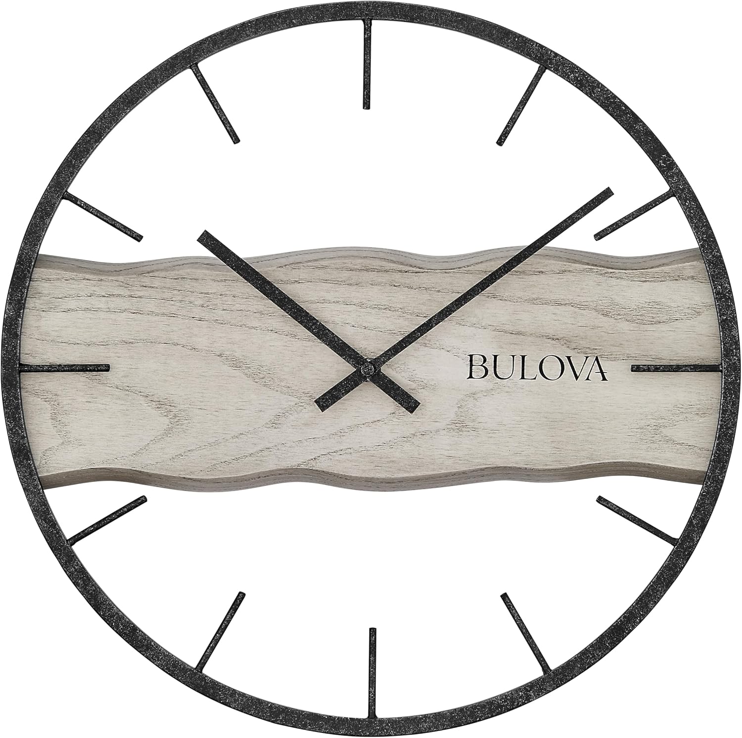 Bulova Clocks C4387 Driftwood 16” Live Edge Wall Clock – Wrought Iron Frame, Light Gray Washed Finish, Quartz Movement – Rustic Modern Home Décor Accent