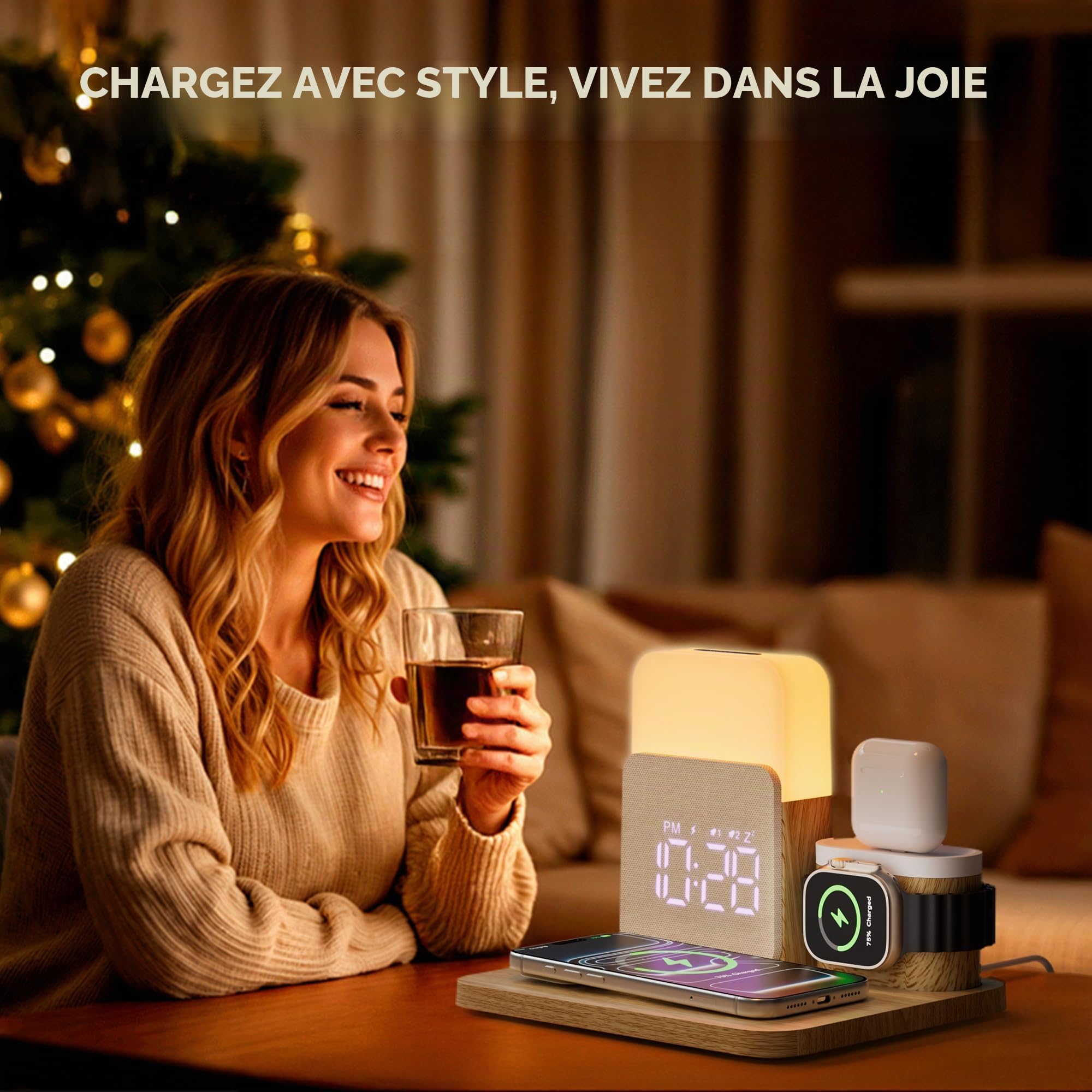 5 en 1 Station de Charge pour A-pple Reveil Chargeur Induction i -Phone | Chargeur sans Fil 17-11 pour air-pods A-pple Watch avec Lampe pour la Chambre à Coucher Adaptateur Inclus