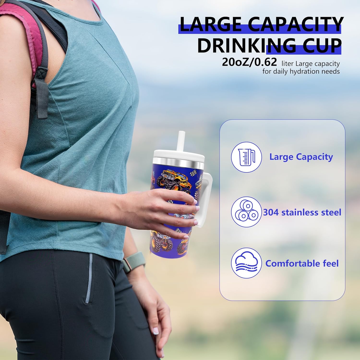 20-OZ Insulated Water Bottle,Insulated Stainless Steel Tumbler,Reusable Cold Drink Thermos,BPA-Free, Double-Wall Stainless Steel Water Bottle (Dark blue-Monster truck, 20, Fluid Ounces) - Image 4