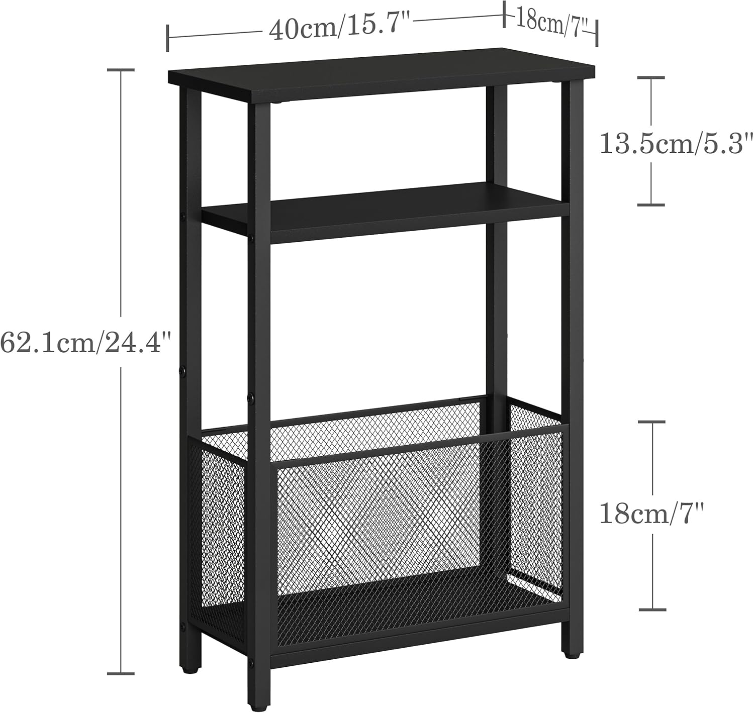 MMEOLUOOK Narrow Side Table with Storage Basket Skinny End Tables for Smalls Spaces 3 Tier Sofa Table Small Nightstand Slim Bedside Table for Living Room Bedroom Black MLBZ22B