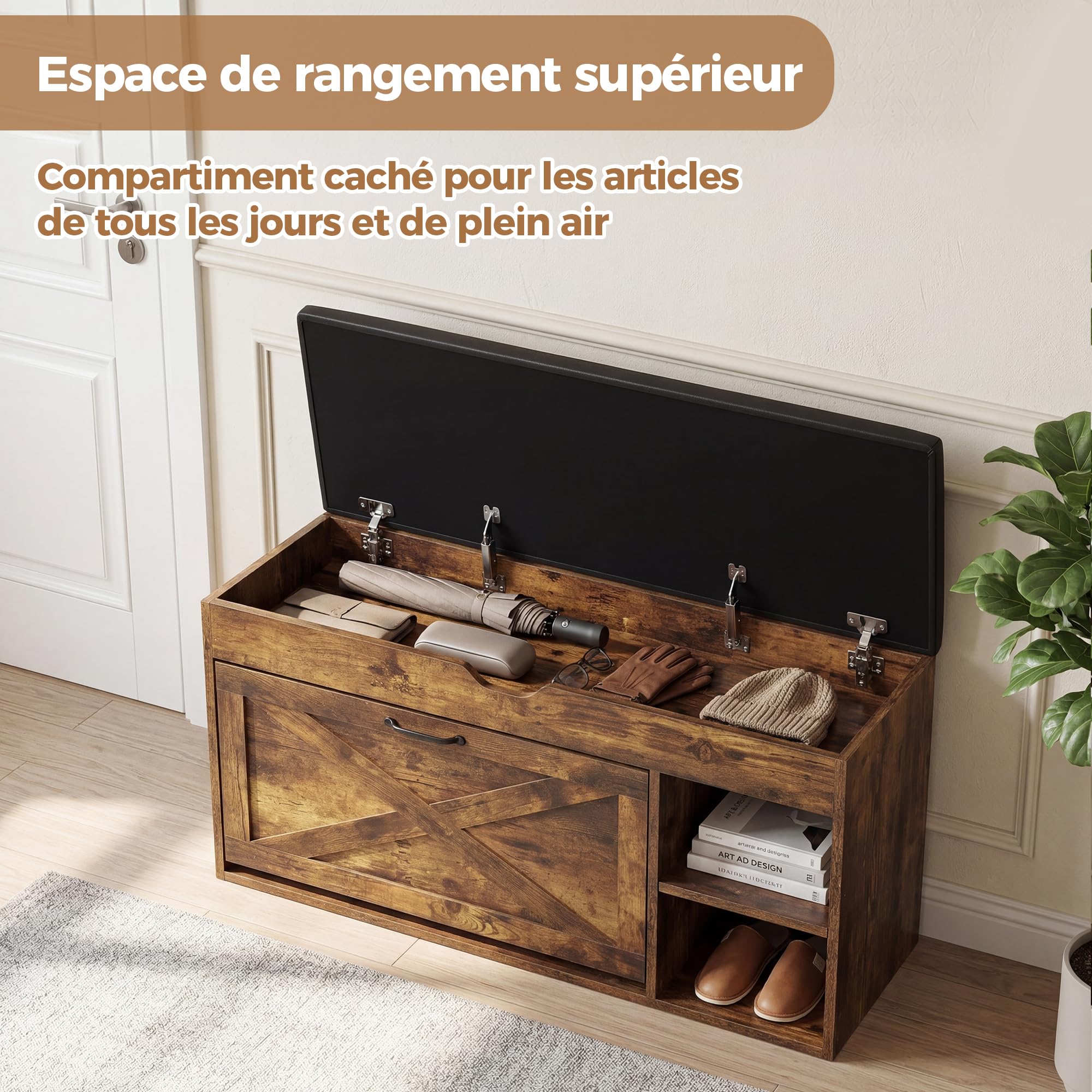 BonVache Banc à Chaussures avec Assise, Banc à Chaussures à 3 Compartiments avec Compartiment de Rangement, étagères réglables, étagère Salon ou l'entrée, Charge maximale de 150 kg, Marron Vintage