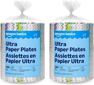 Amazon Basics Ultra Paper Plates, 6.87 Inch, Disposable, 600 Count 2 Pack of 300 Previously Encore, Packaging May Vary