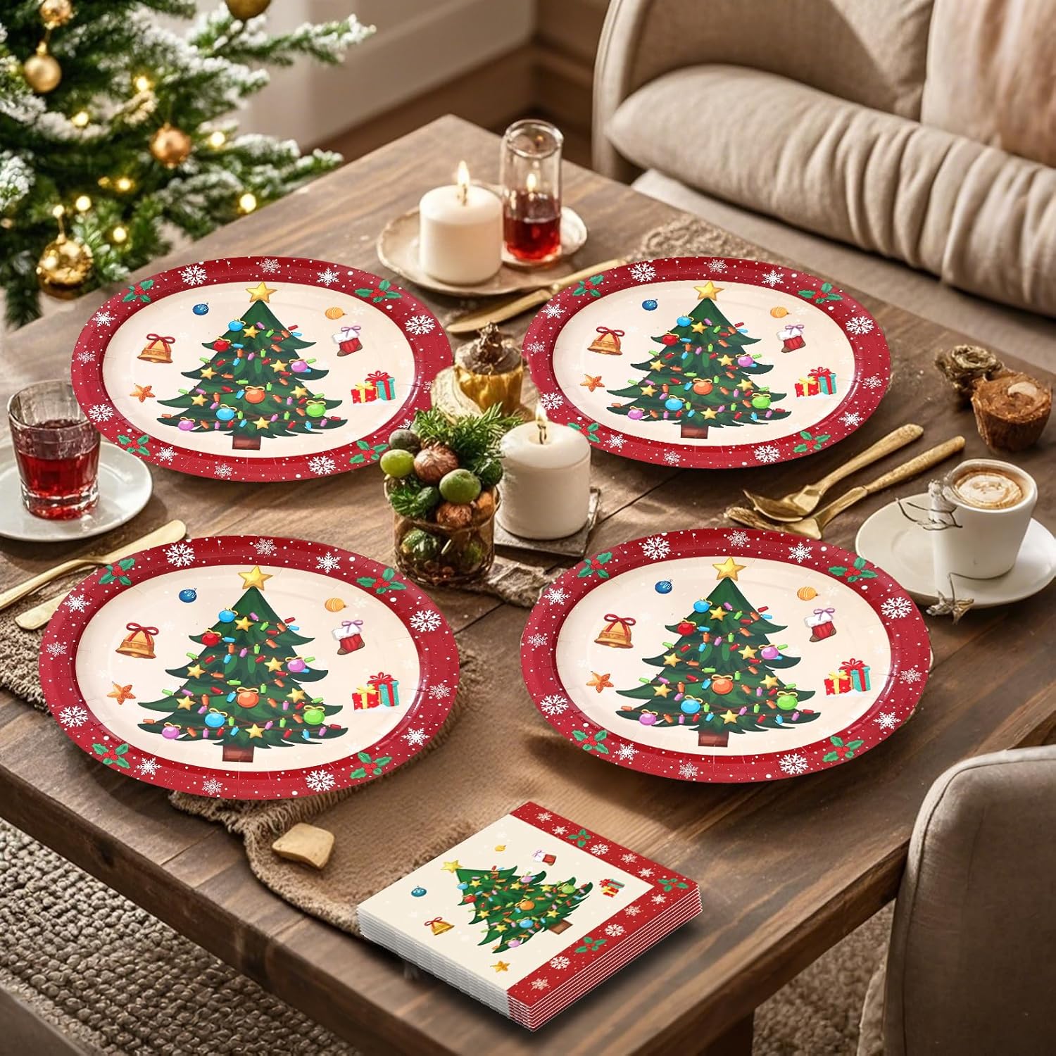 100Pcs Christmas Oval Paper Plates and Napkins -10" x 12" Large Disposable Party Plates, Christmas Party Supplies Dinnerware Set