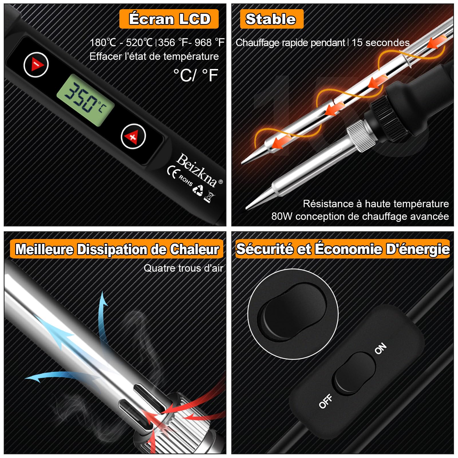 Fer à Souder Kit 80W Température Réglable 180-520°C Electronique de Precision avec Interrupteur ON/OFF, 5 Conseils de soudage, Pompe à Dessouder, Fil de Soudure, Station de Soudage, Pincettes - 3