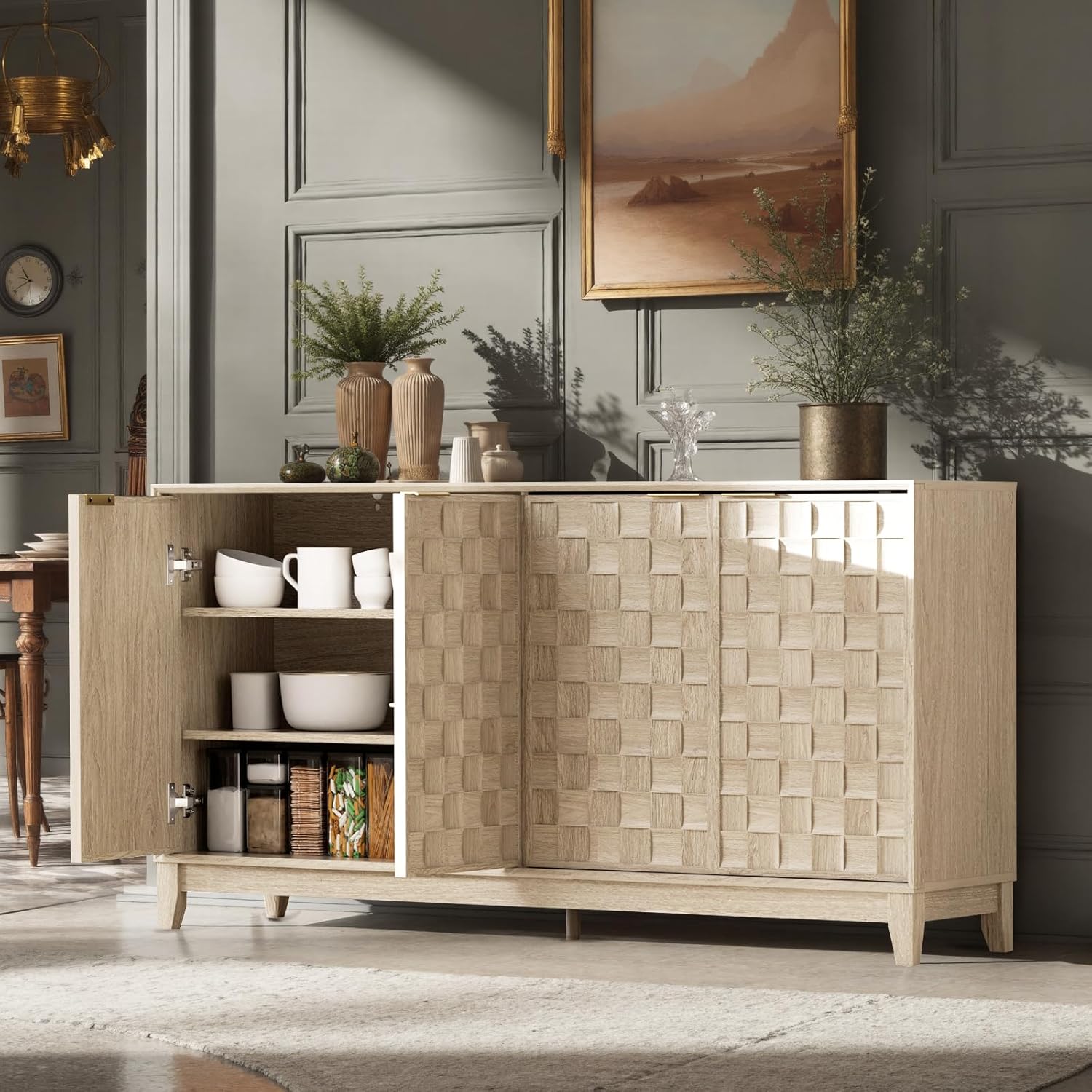 COLAMY 60" Sideboard Buffet Cabinet with Storage, Modern 4-Door Buffet Table with 3D Checkerboard Doors & Solid Wood Legs, Large Coffee Bar Cabinet for Dining Room, Living Room, Entryway,Oak Mist