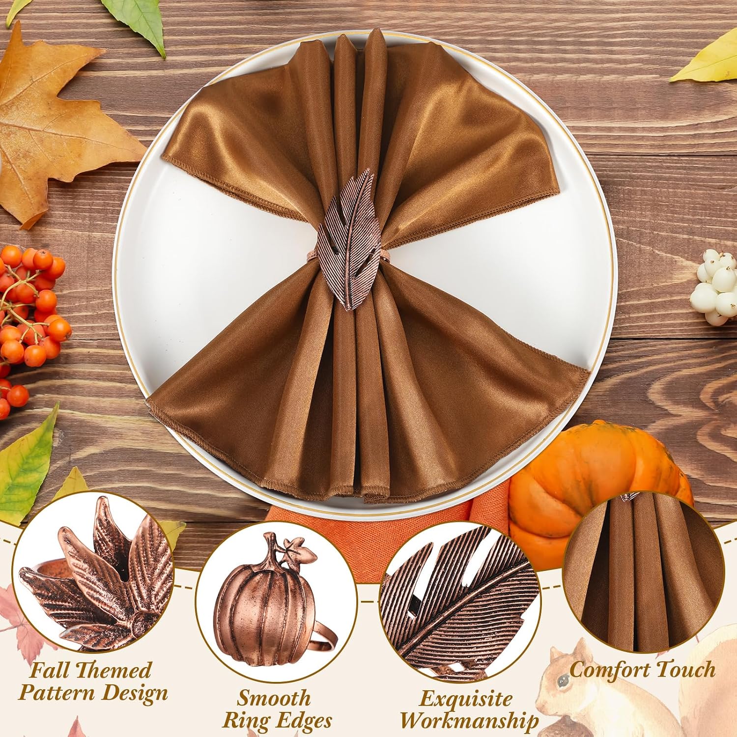 16 Pcs Thanksgiving Fall Napkins Rings & Cloth Napkins, Style 1