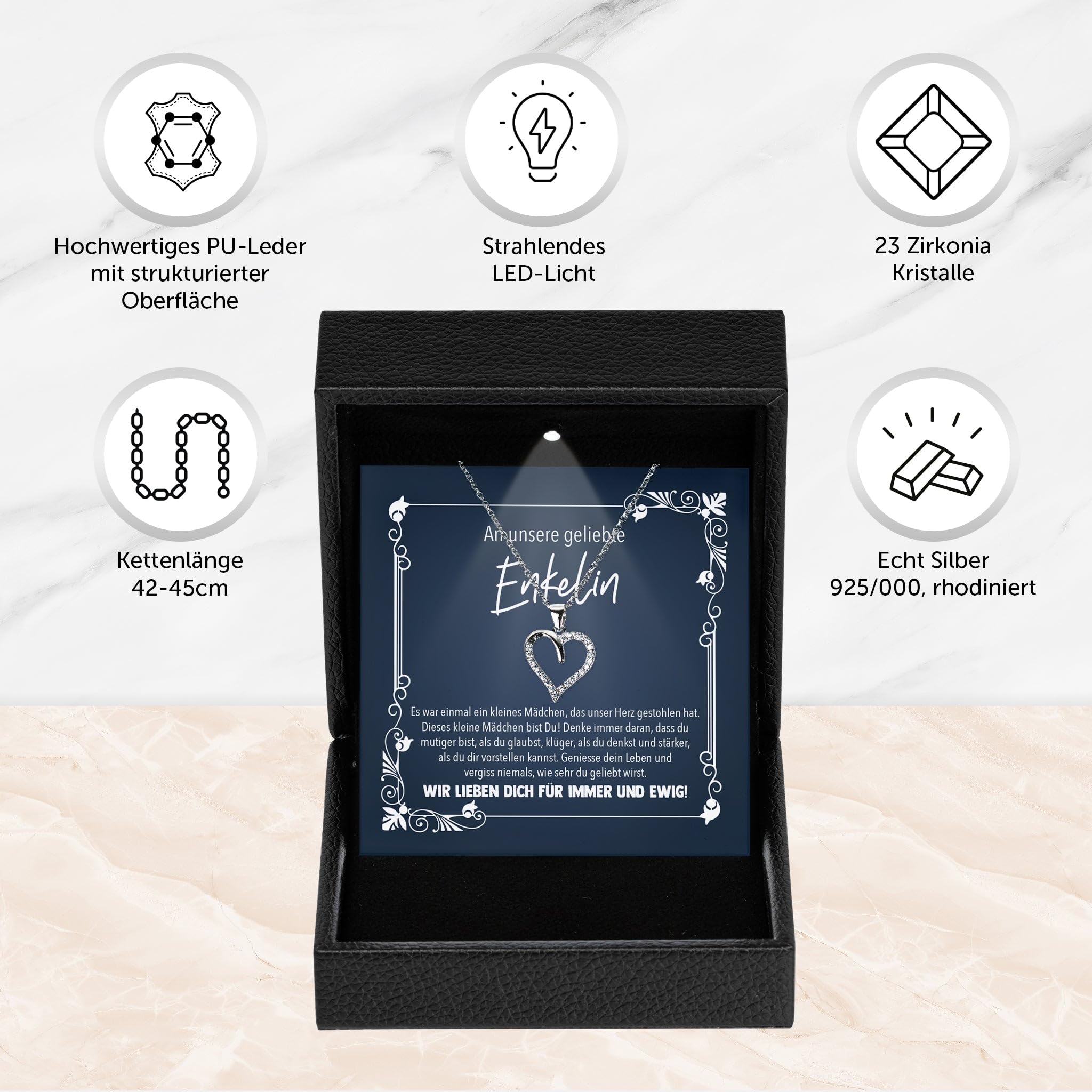 Enkelin Geschenk von Oma Opa - Mädchen Schmuck Frauen Silber 925/000 Herz Halskette - Konfirmation Firmung 18. Geburtstag Weihnachten Abitur Bachelor Master - Karte Premium LED Licht Etui