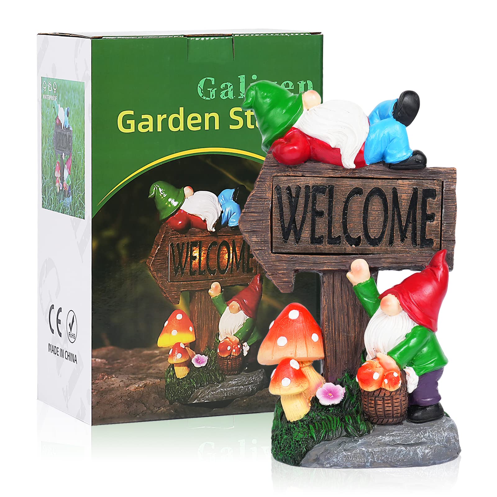 Statuettes de nain de jardin solaires avec panneau de bienvenue - Sculptures et statues de nains de jardin en résine de 30 cm pour terrasse, balcon, cour, pelouse, cadeau de pendaison de crémaillère