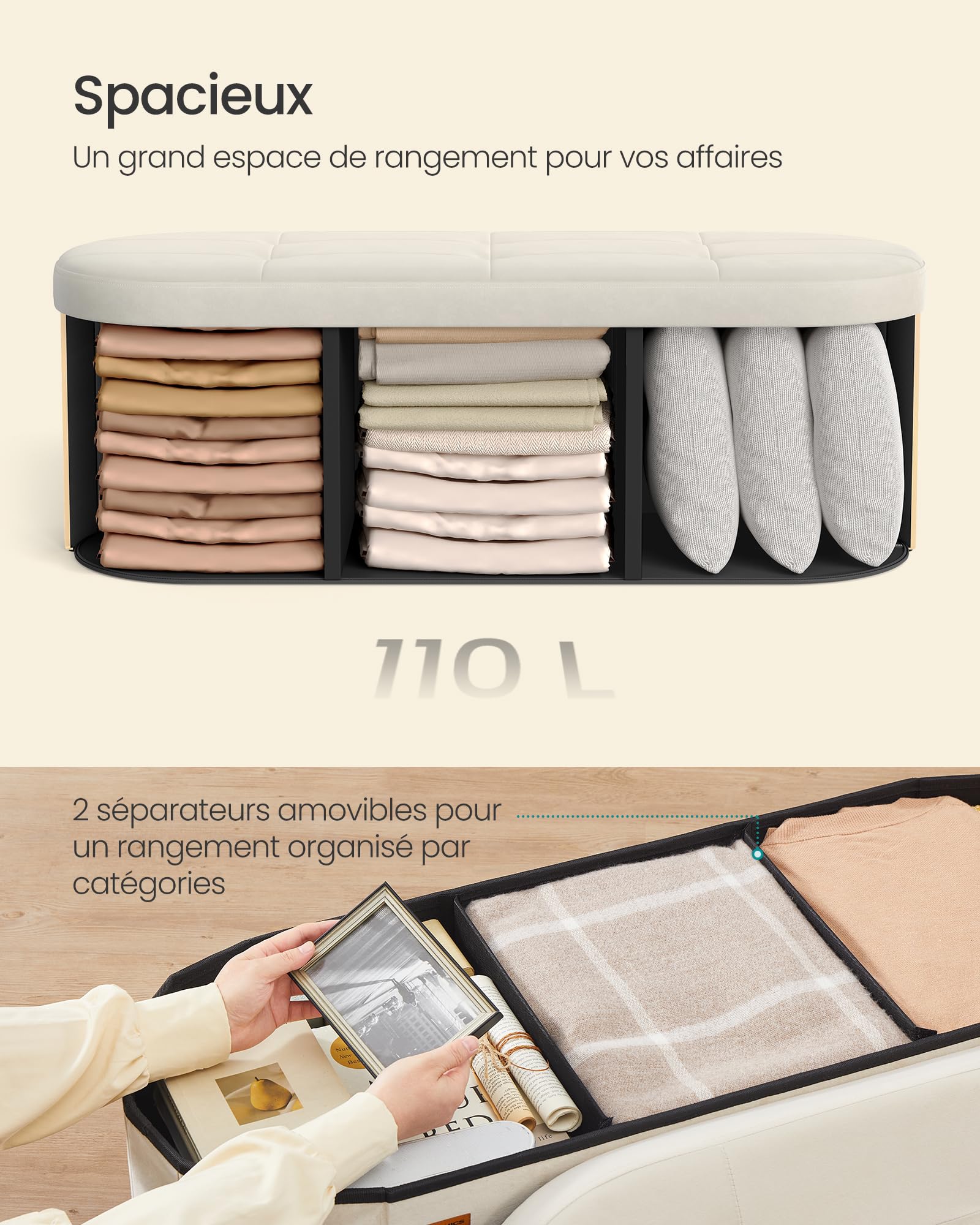 SONGMICS Banc de Rangement, Coffre, Repose-Pieds Pliable, Montage Facile, pour Salon, Entrée, Chambre, Tissu Velours, Capacité 110 L, 38 x 110 x 38 cm, Blanc Crème LSF297LH01