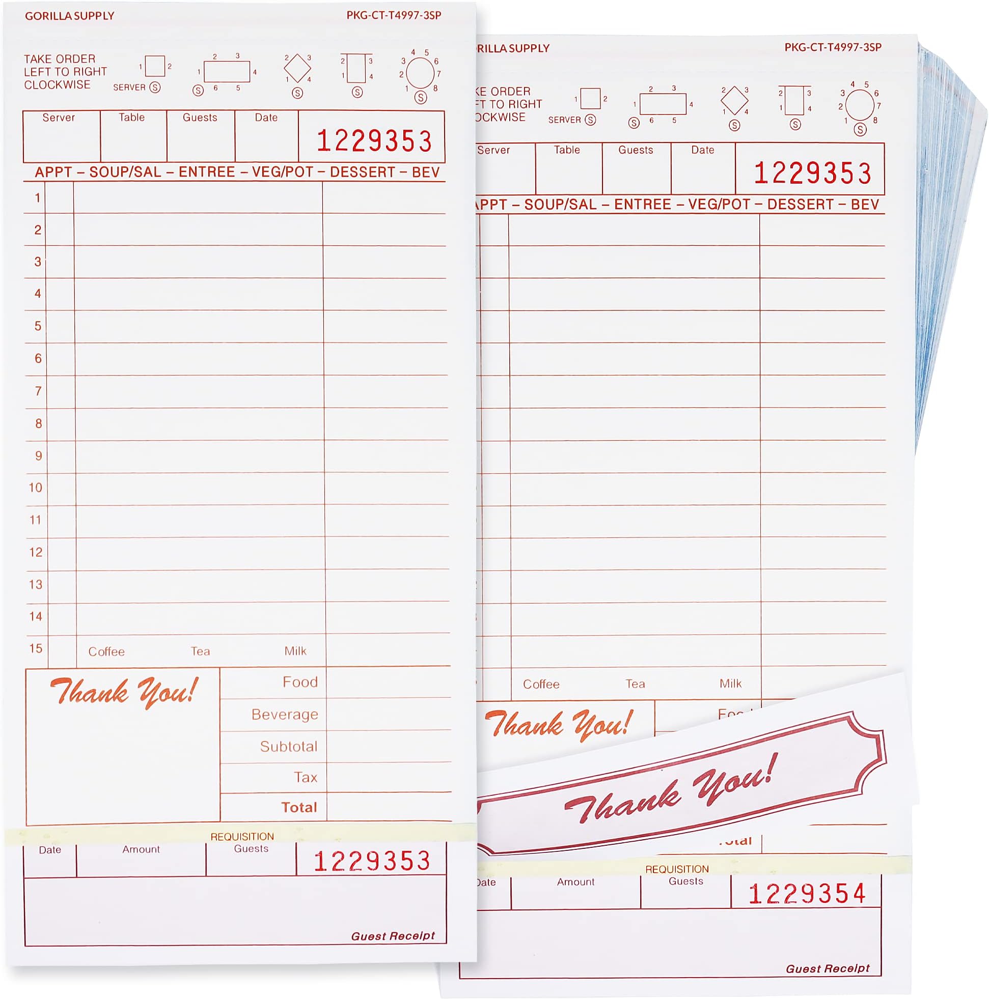 [250] Gorilla Supply Guest Check 4.25" x 8.5" 3-Part Carbonless Perforated Loose Server Order Checks with 15 Lines, Tan, 250 Sets
