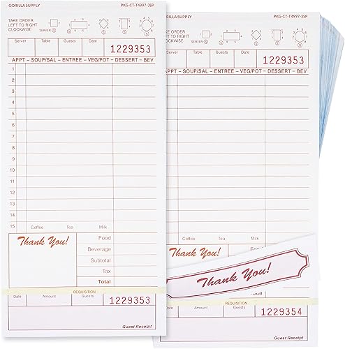 Miniatura 12 de [1500] Gorilla Supply Guest Check 4.25 x 8.5 pulgadas, 2 partes perforadas sin carbono y sueltas comprobaciones de pedido de servidor con 15 líneas