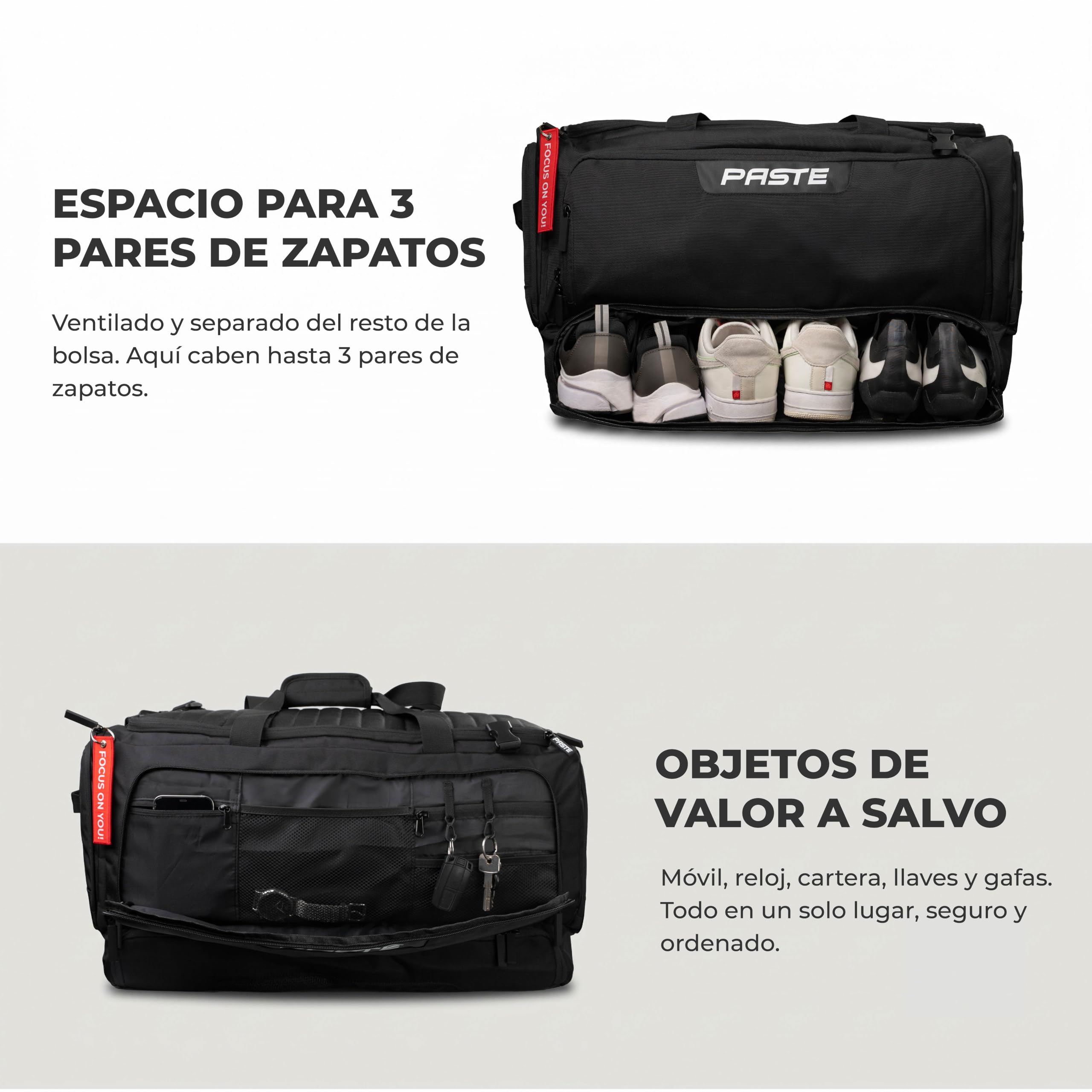 PASTE® - Bolsa Deporte 68L Hombre & Mujer con Función Mochila – Compartimento Zapatos, Isotérmico & Húmedo – Mochila Gym, Fútbol & Natación – Gym Bag & Bolsa de Viaje XL Negro