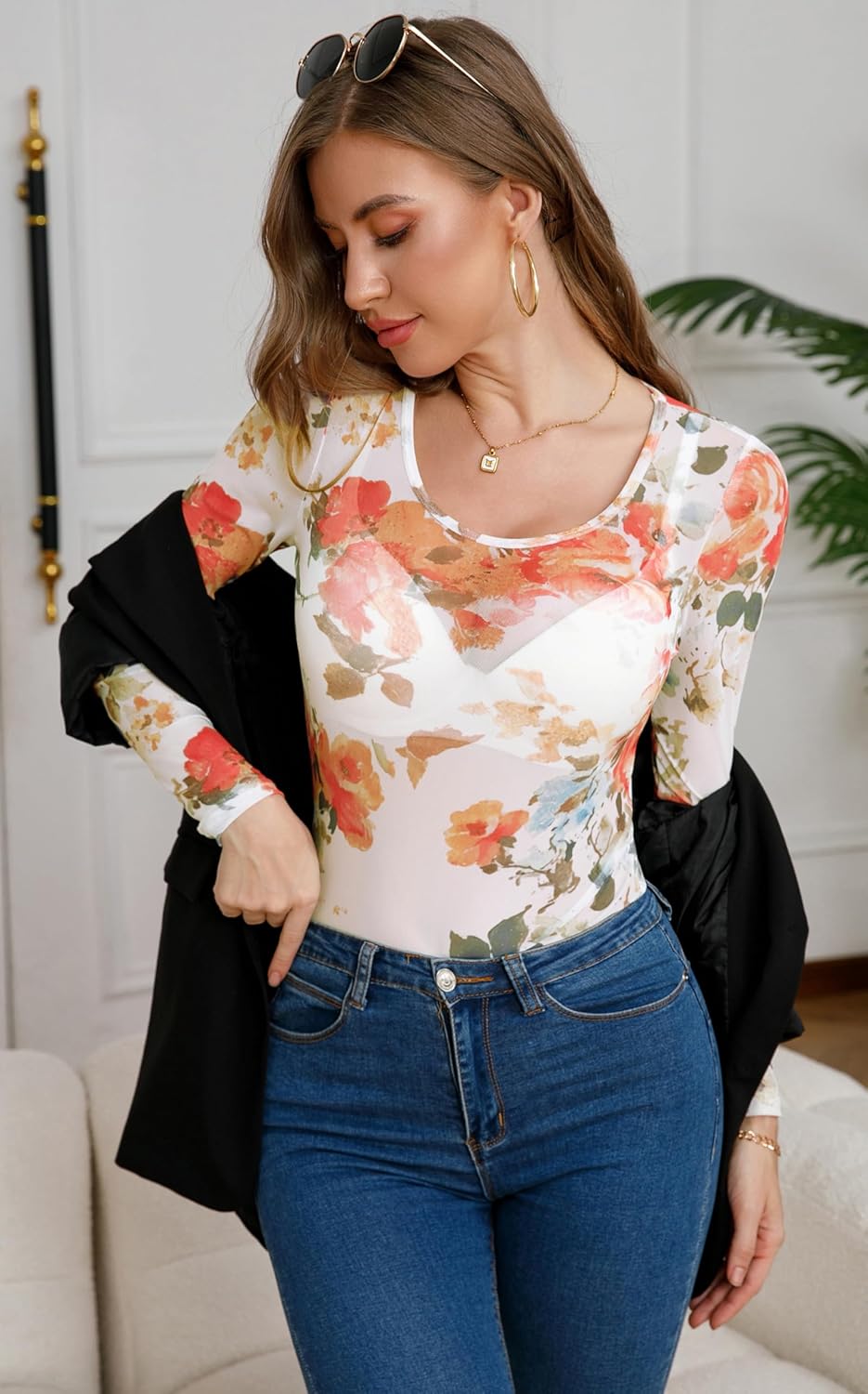 AISEW Womens Floral Mesh Long Sleeve Tops Round Neck Sexy See Through Fitted Tee Shirts Y2K Going Out Crop Top - Image 5