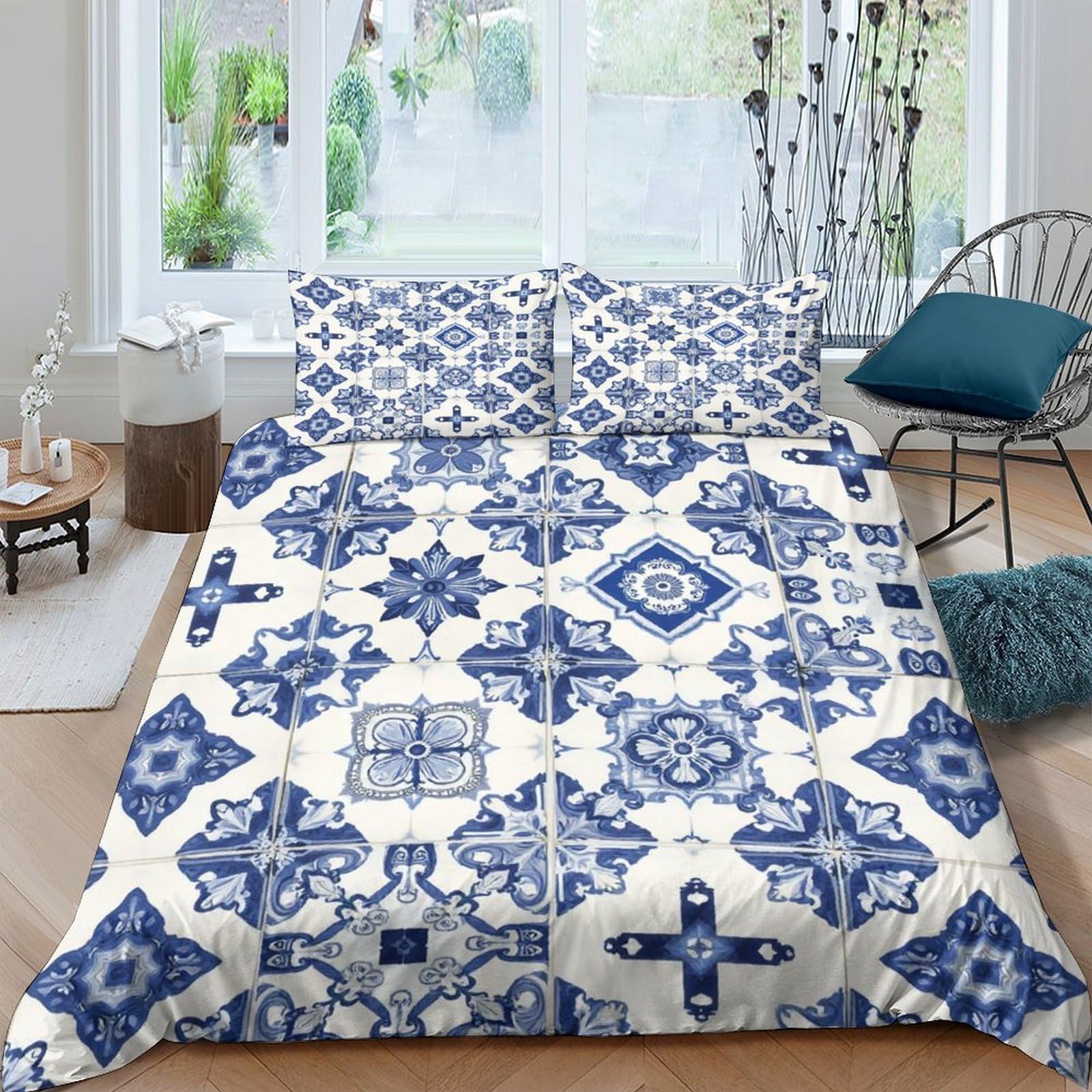 Ctjqhvkz Style-7 3D Printed Mediterranean Tile Fitted Sheet Microfiber Soft Blue Mosaic Bed Cover For Bedroom Guest Room Decor Single（135X200cm）