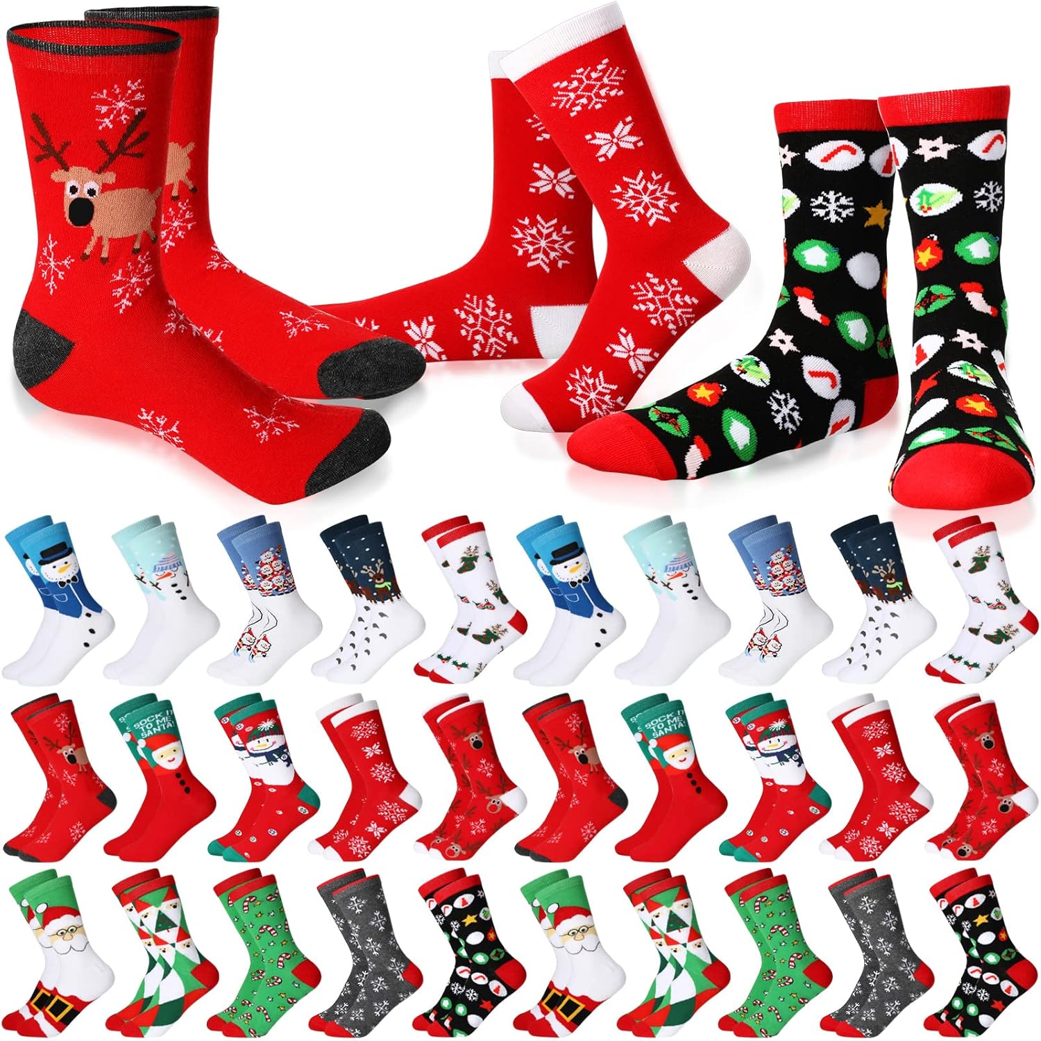 Geyoga 30 Pairs Christmas Socks Bulk Unisex Adult Cotton Socks Men Women Funny Novelty Holiday Sock for Family Stuffer Gift