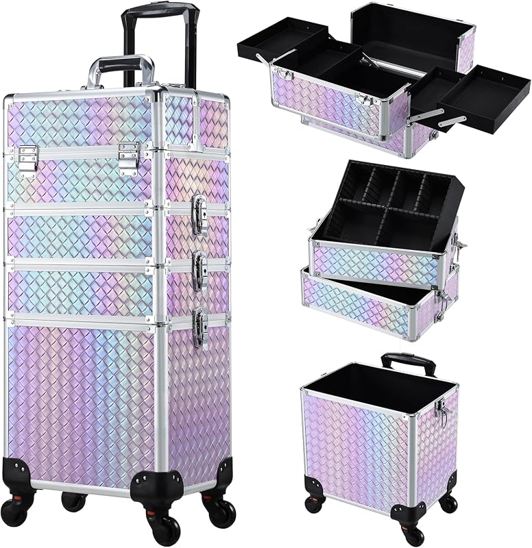 Maleta de maquiagem Stagiant com rodinhas, 4 em 1, compartimentos removíveis, chave e alça telescópica, Pinkish Purple