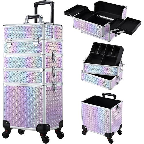 Stagiant Rolling Makeup Case Cosmetology Case on Wheels 4 in 1 Makeup Travel Case Extra Large Cosmetic Box with Key Make Up Artist Traveling Storage Nail Case Salon Barber Cart Trunk Pinkish Purple