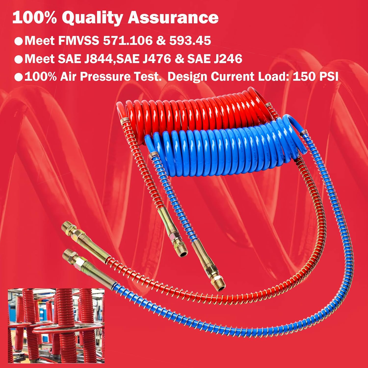 Coiled Air Set Line Assemblies,Red & Blue Truck Trailer Coiled Airline Kit for Semi Truck Tractor Trailer,1/2" NPT Fittings(12' Length：1 X 12 1 X 40 Leads