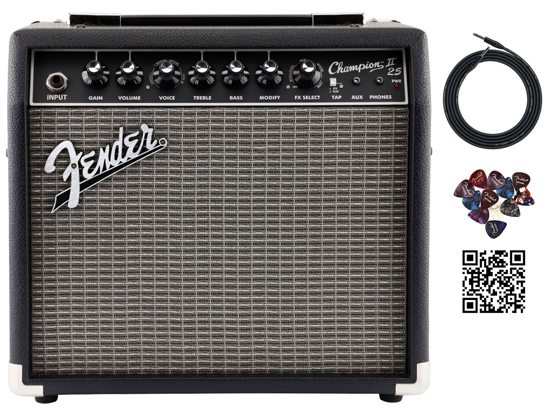 Fender Champion II 25 Watt Guitar Combo Amplifier Bundle with Cable, Austin Bazaar Exclusive 12-Pack Picks, and Instructional Video