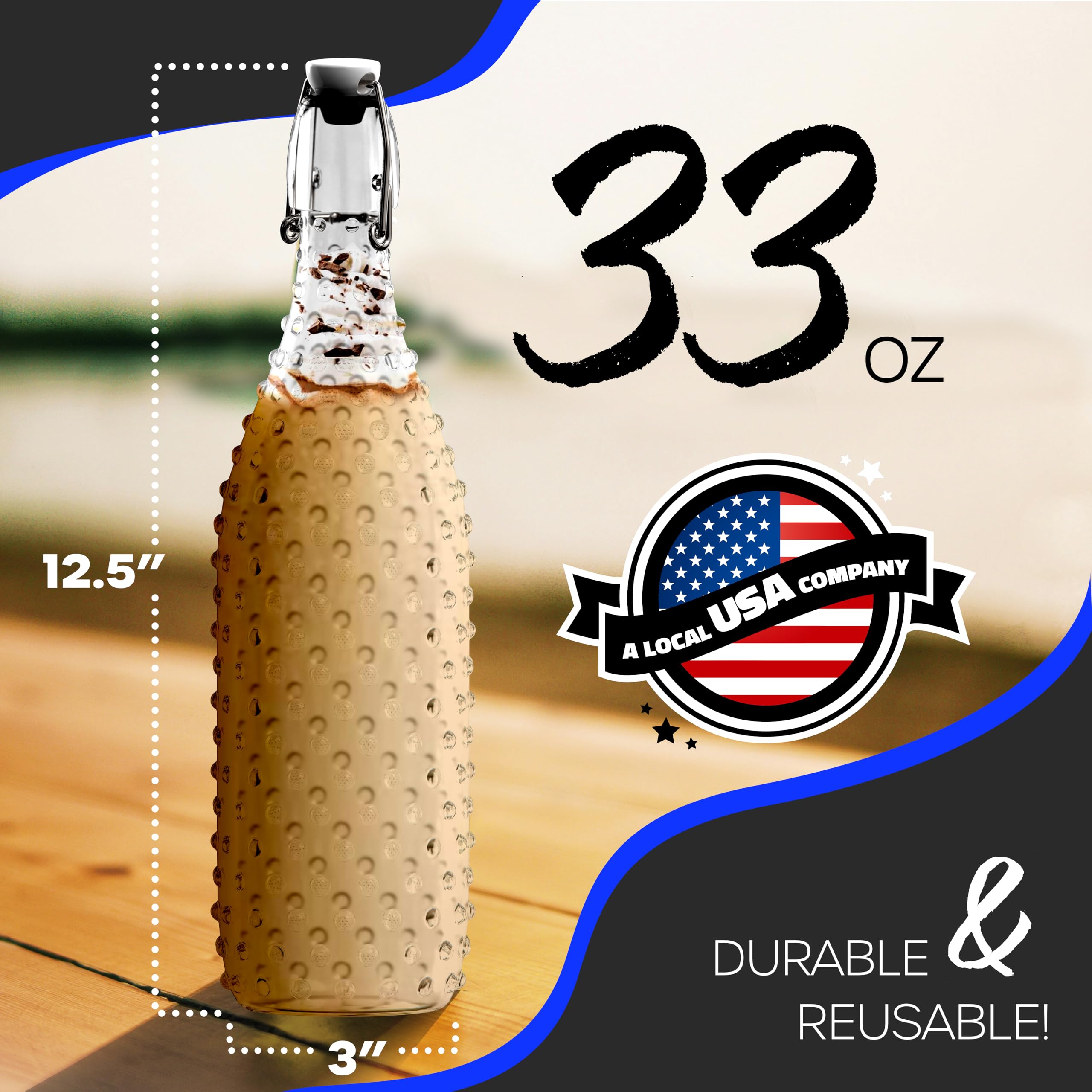 Nevlers Paquete de 6 botellas de vidrio con tapa abatible de 33 onzas | Botellas de vidrio transparentes de 1 litro con tapas, embudo y cepillo | Botellas de vino decorativas para hacer vino | Juego