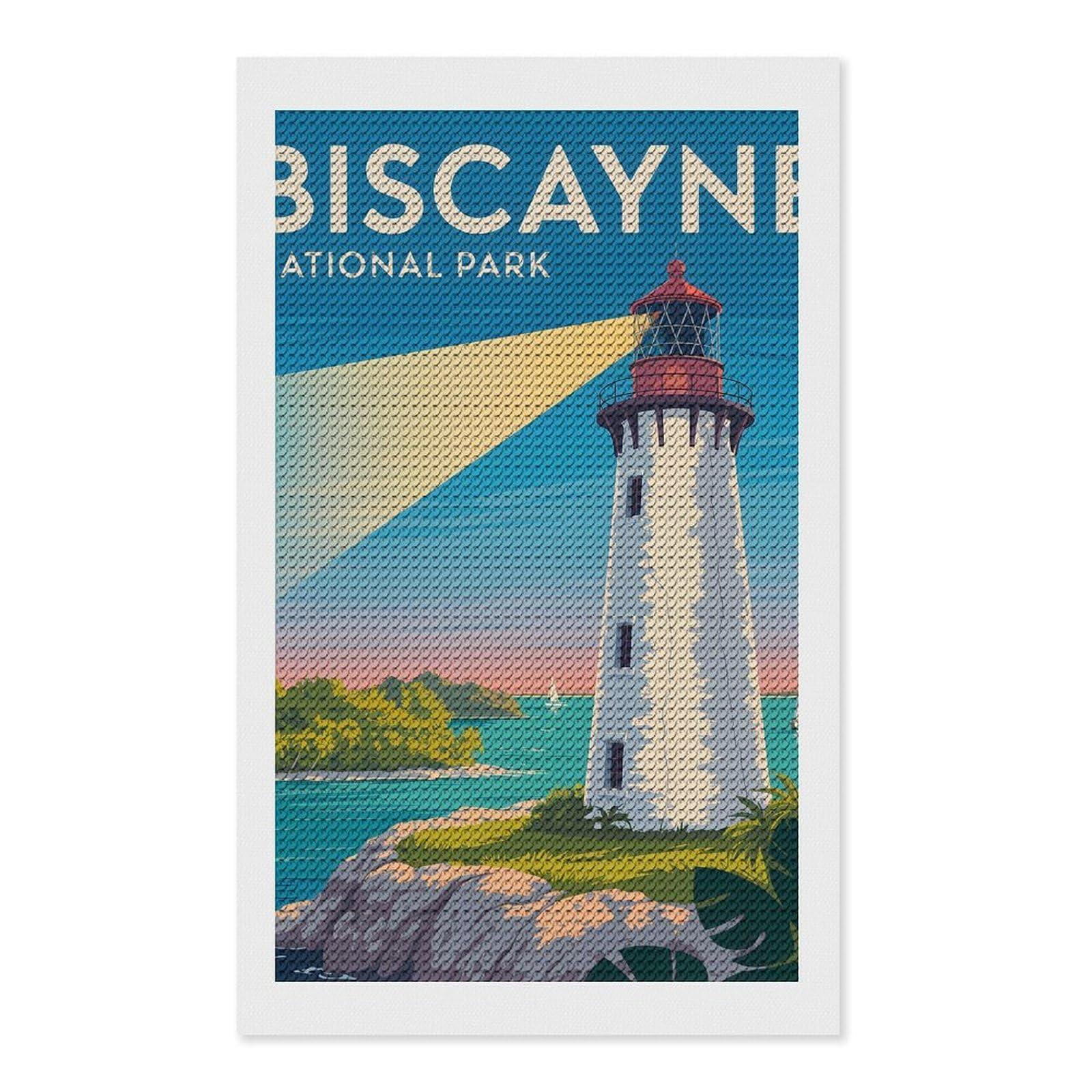 Junmoney Biscayne National Park Lighthouse Illustration Diamond Art Canvas 12"x20", Easy Handmade Project, Complete Accessories, Bedroom Decor, Birthday Gift