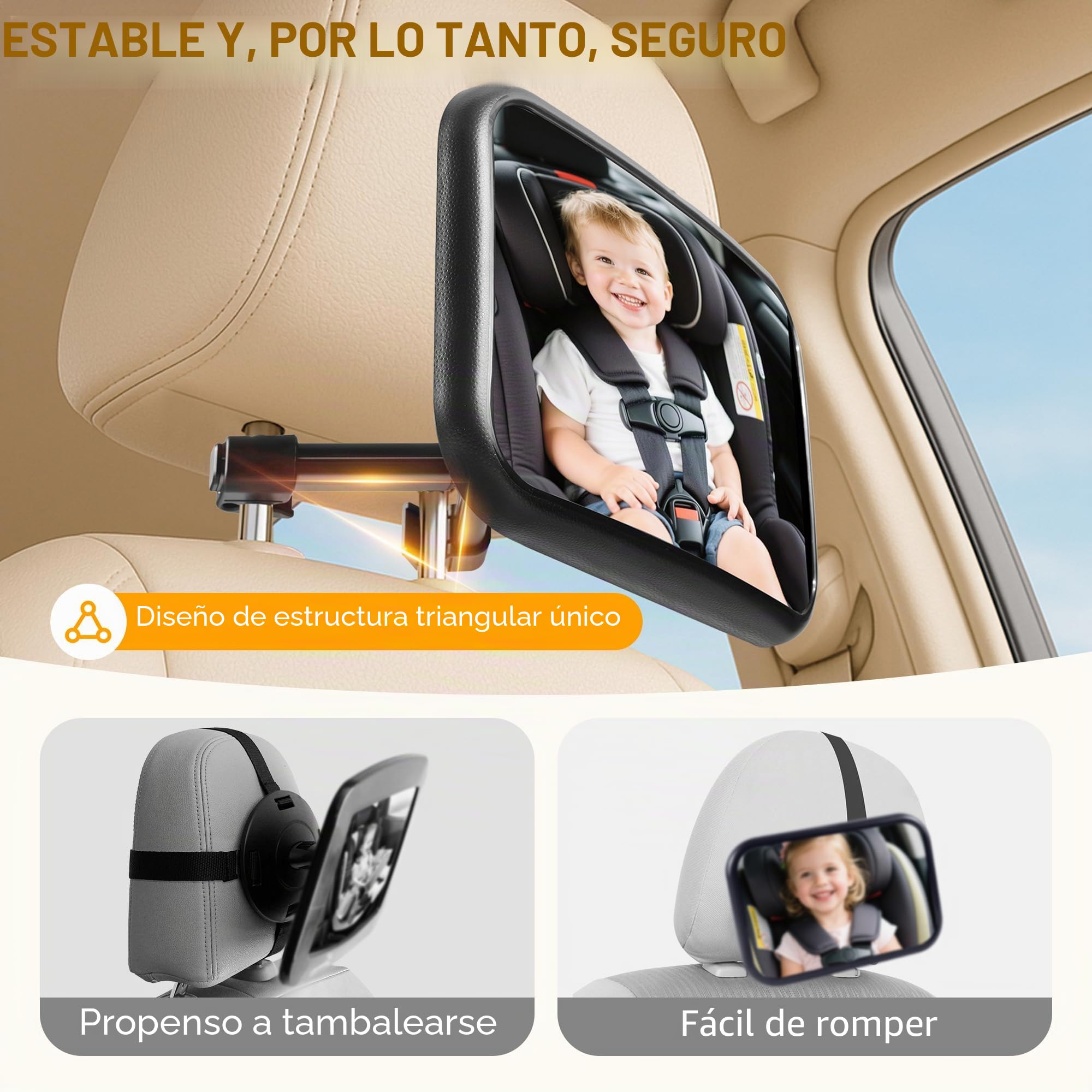 Espejo Coche Bebé, 100% irrompible y 360° giratorio Espejo Coche Bebé Asiento Trasero, Espelho Carro Bebé con clip de sujeción reforzado - accesorio indispensable para coches de recién nacidos