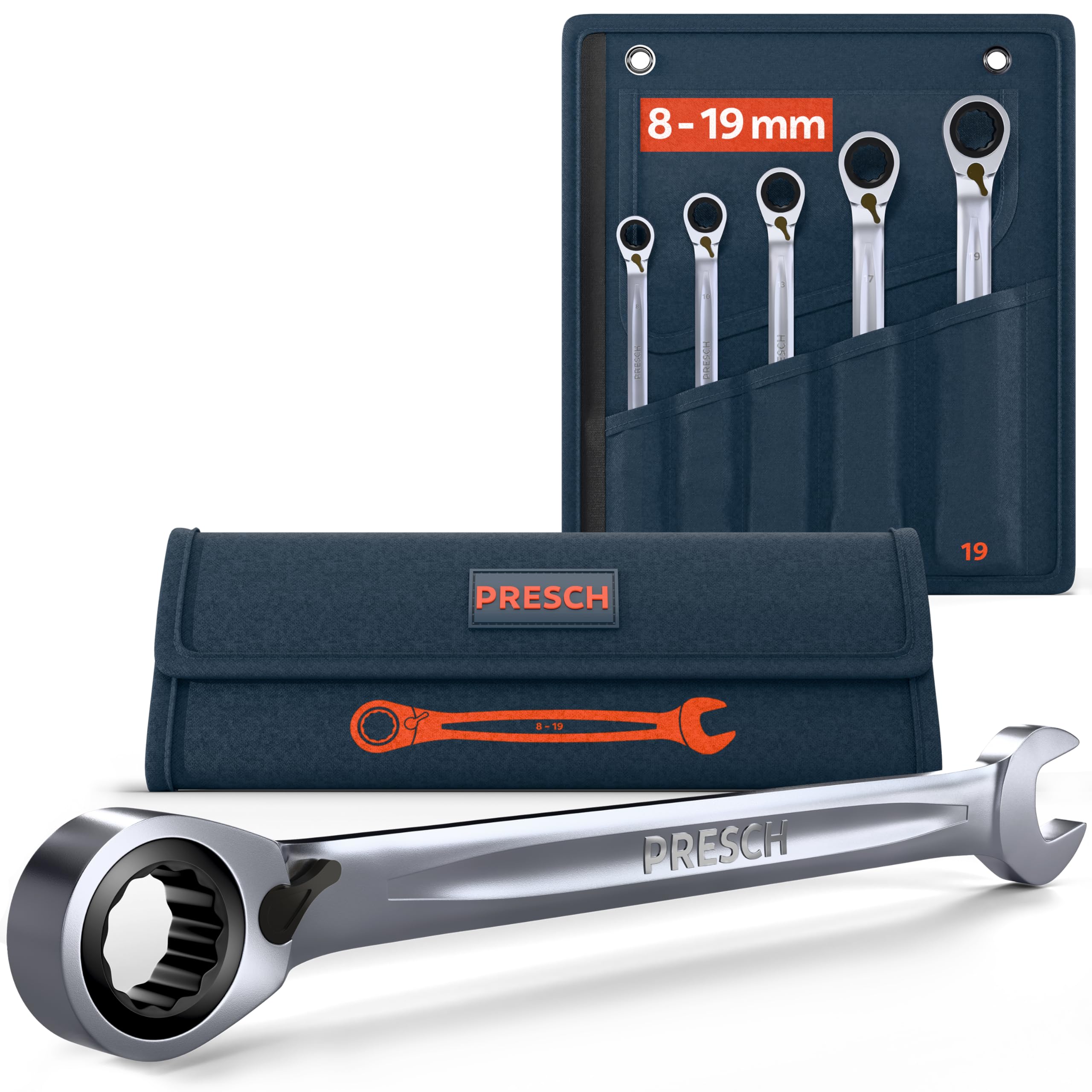 PRESCH Ratchet Spanner Set Reversible 5 pcs. (8, 10, 13, 17, 19mm) incl. Bag – Minimal Return Angle (4°, 90 Teeth) – Precision-machined, Durable Ring spanners - Metric Wrench — image 1