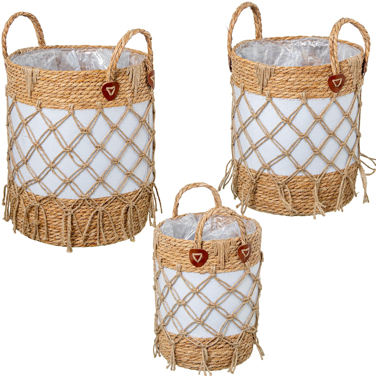 Panier en osier lot de 3 avec tissu blanc et franges pour rangement de maison