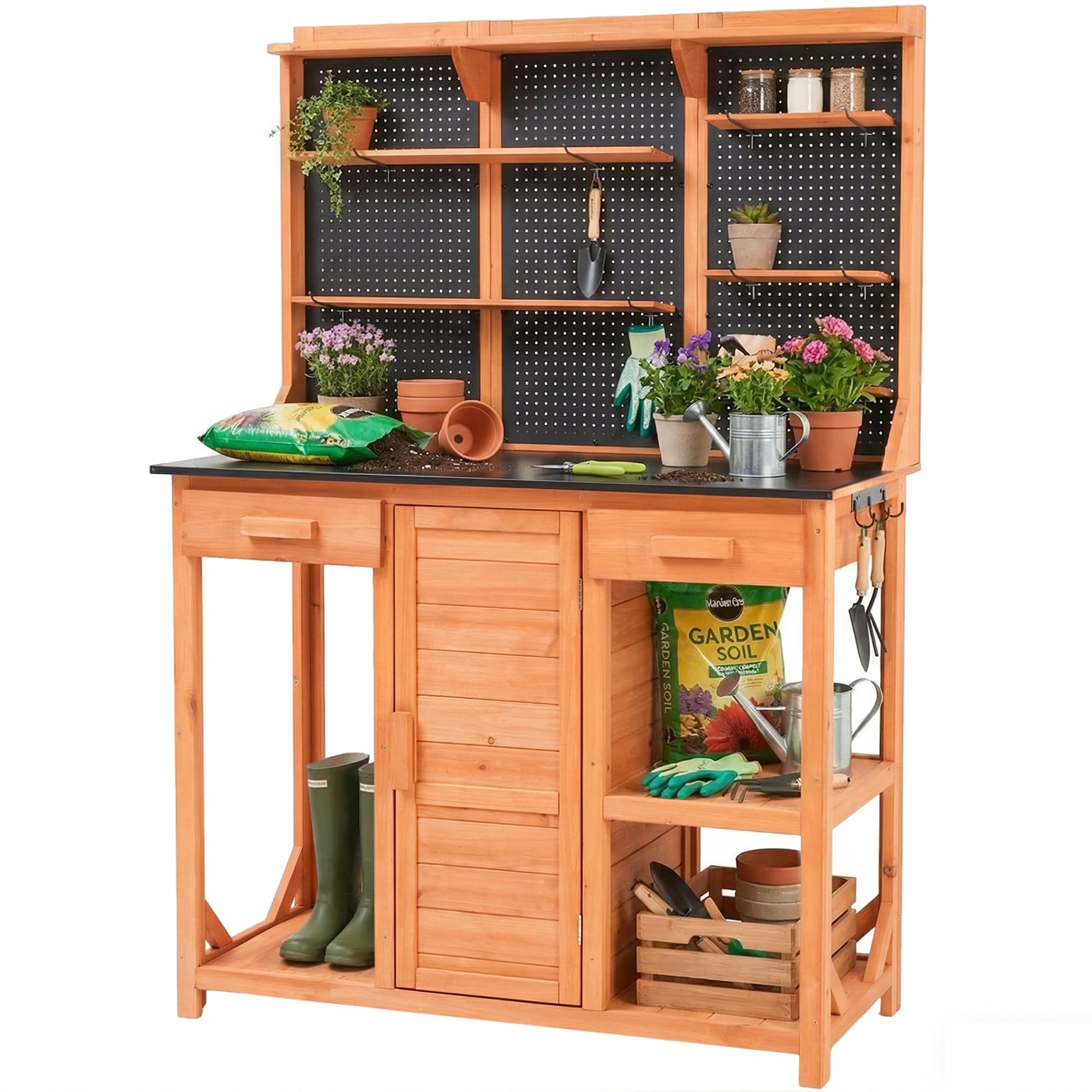 Armadio da giardino in legno resistente alle intemperie, per esterni, con parete forata, cassetti e spazio di archiviazione, resistente alle intemperie, per la cucina all'aperto, con ripiani e