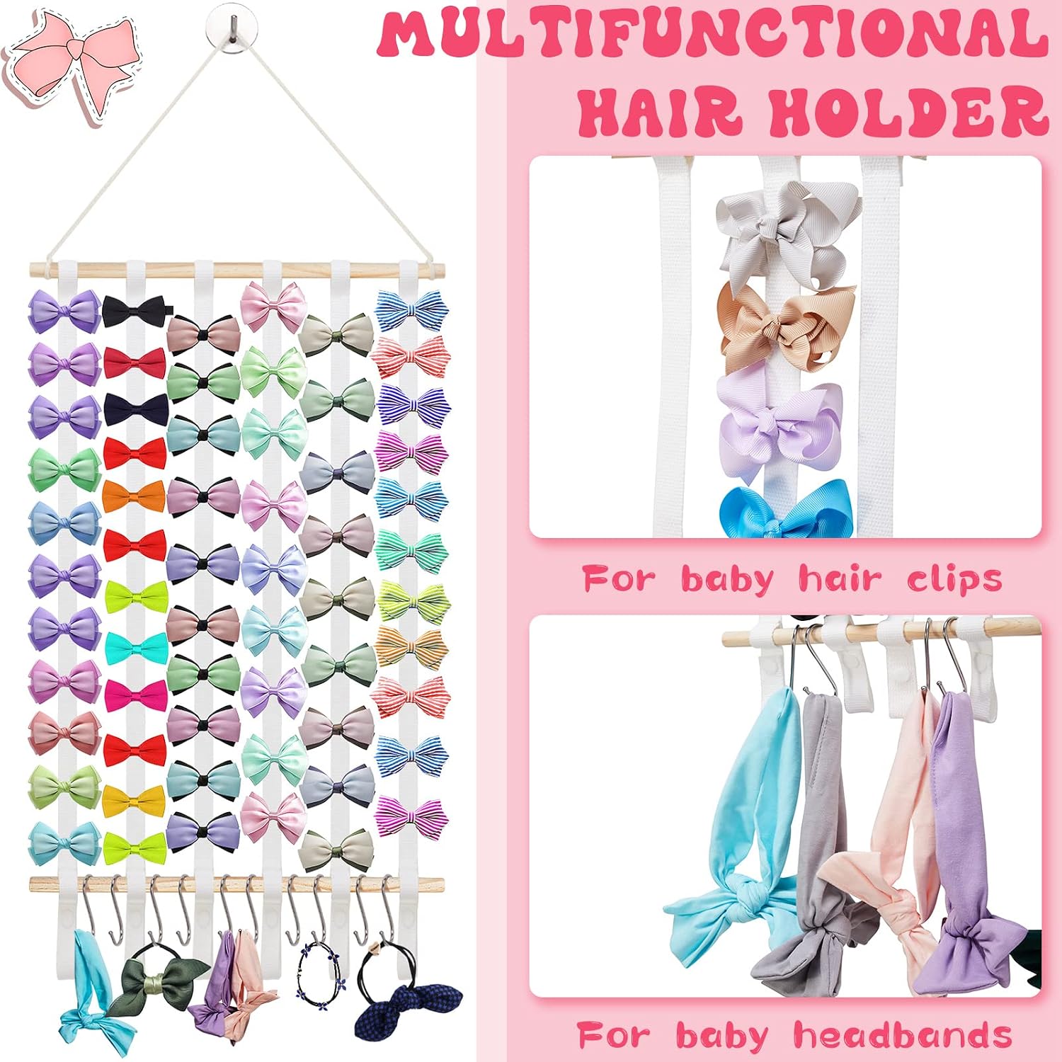 Qunclay 2 Pack Hair Bows Holder Organizer for Girls Baby Headband Hair Bows Holder Hanging Bow Organizer Head Band Storage for baby Girls Toddler Room Decor