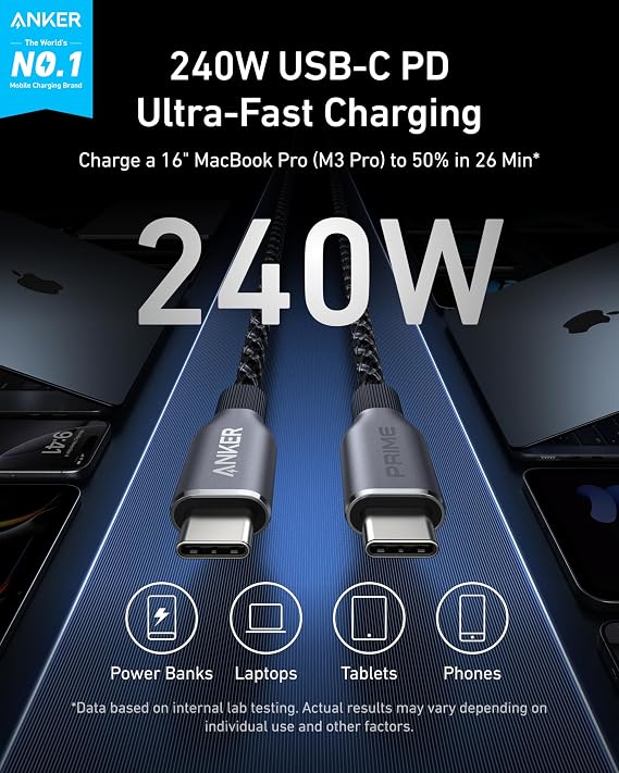Anker Prime USB C to USB C Cable, 240W 1 ft & Anker 250W Ultra-Fast 6-Port GaN Charging Station