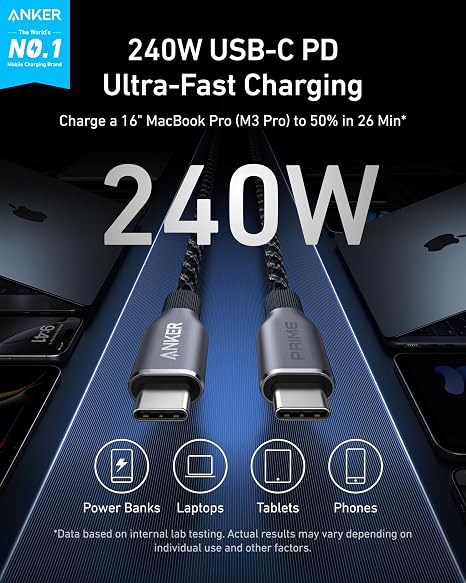 Anker Prime USB C to USB C Cable, 240W Fast Charging Cord, Upcycled-Braided Nylon with 100-Year Bend Durability for iPhone 17 Series, MacBook, Galaxy S24(1 FT)