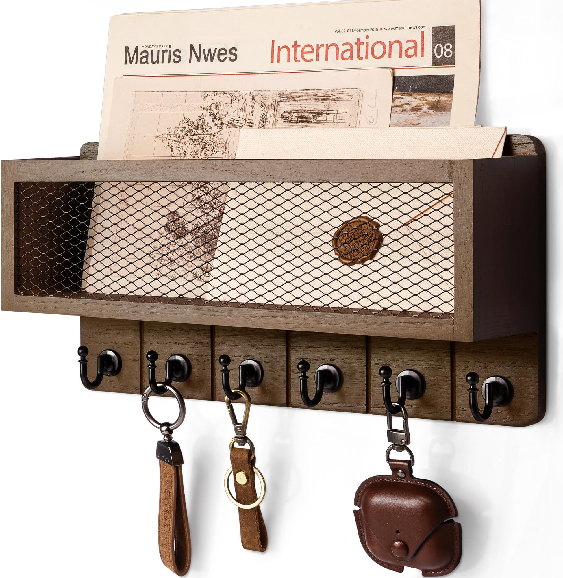 Rebee Vision Farmhouse Key Holder for Wall with Mail Storage Basket : Decorative Wall Mount Organizer with 6 Sturdy Wall Hooks and Wooden Key Rack - Rustic Home Decor (Retro Brown)