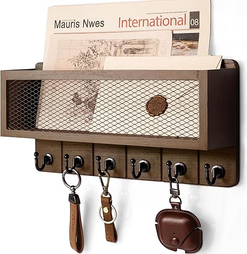 Rebee Vision Llavero rústico para pared con cesta de almacenamiento de correo organizador decorativo de pared con 6 ganchos de pared resistentes y