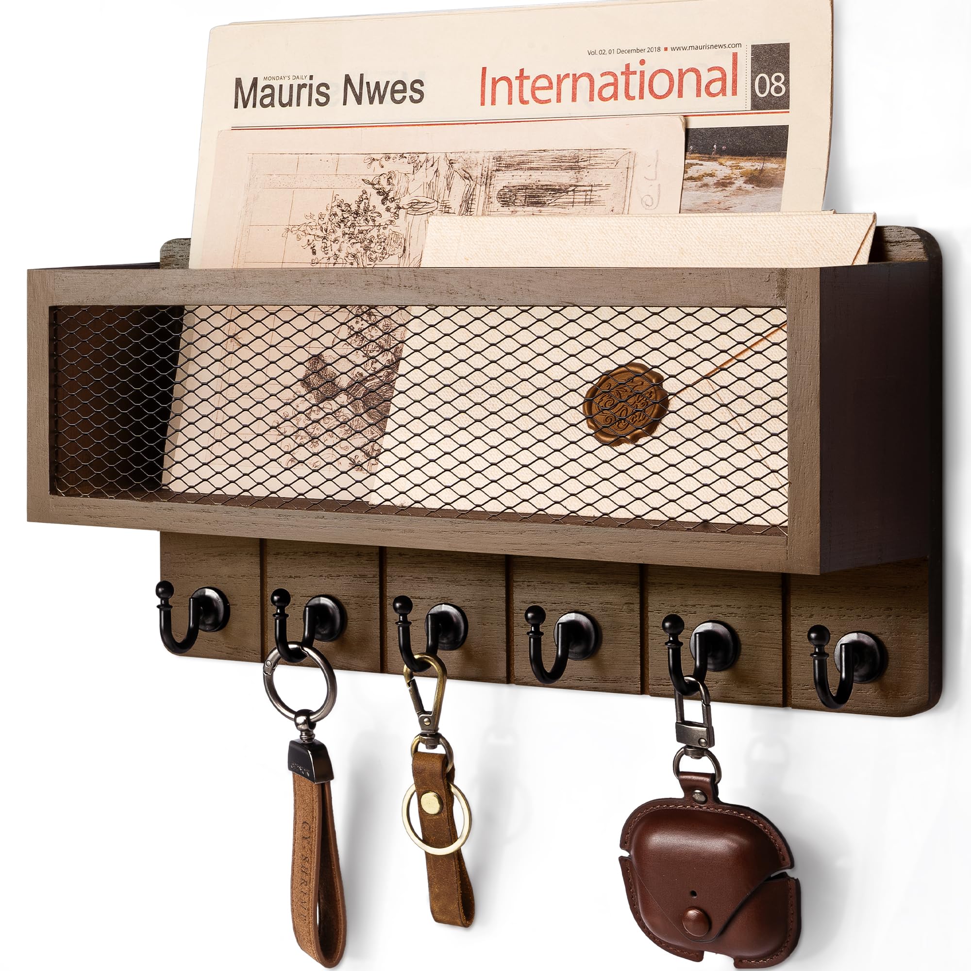 Farmhouse Key Holder for Wall with Mail Storage Basket : Decorative Wall Mount Organizer with 6 Sturdy Wall Hooks and Wooden Key Rack - Rustic Home Decor (Retro Brown)