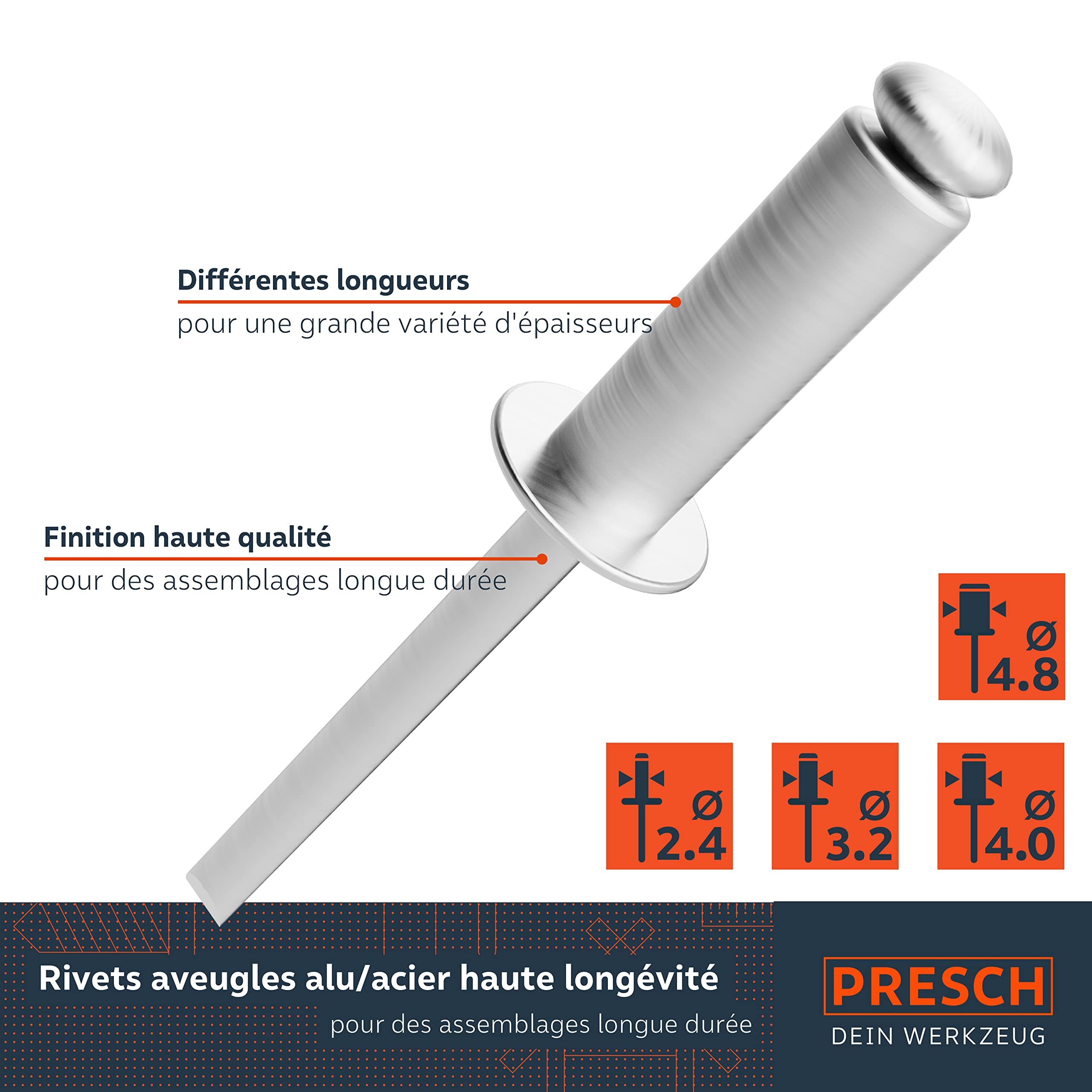 Presch Kit de rivets aveugles 408 pièces avec forets HSS - Lot de 400 rivets alu/acier 2,4mm, 3,2mm, 4,0mm et 4,8mm et 8 forets HSS correspondants 2,5mm, 3,3mm, 4,1mm et 4,9mm