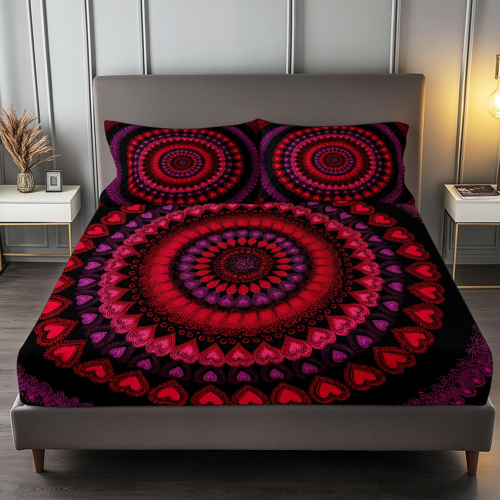 Czerwone prześcieradło z gumką 135 x 190 cm wzór w kształcie serca w stylu mandala, wyjątkowo miękkie i oddychające prześcieradło z mikrofibry z elastyczną taśmą na materac o wysokości 30 cm