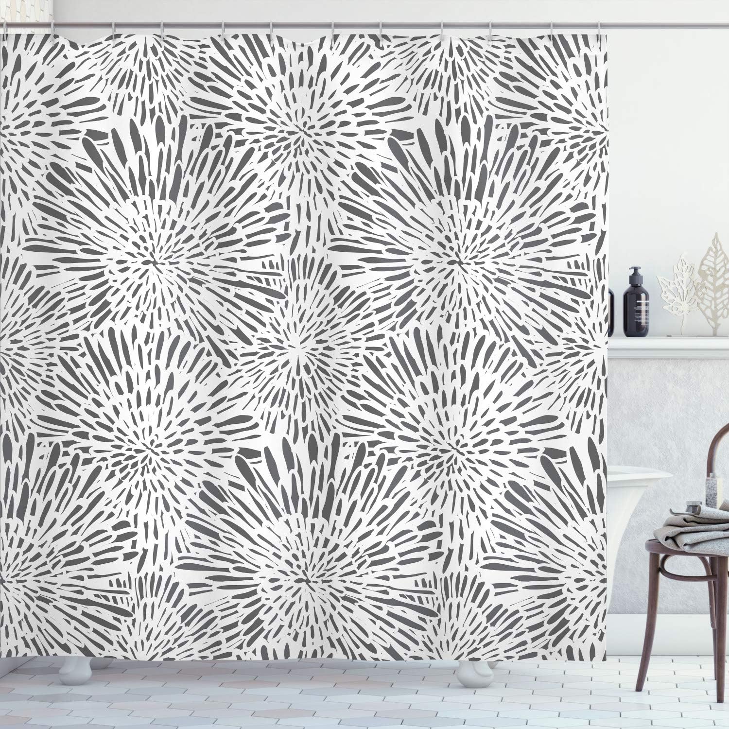 Ambesonne Botanic Shower Curtain, Hand Drawn Vintage Floral Pattern with Dandelions Asters Abstract Blossoms, Cloth Fabric Bathroom Decor Set with Hooks, 70" Long, Dimgray White