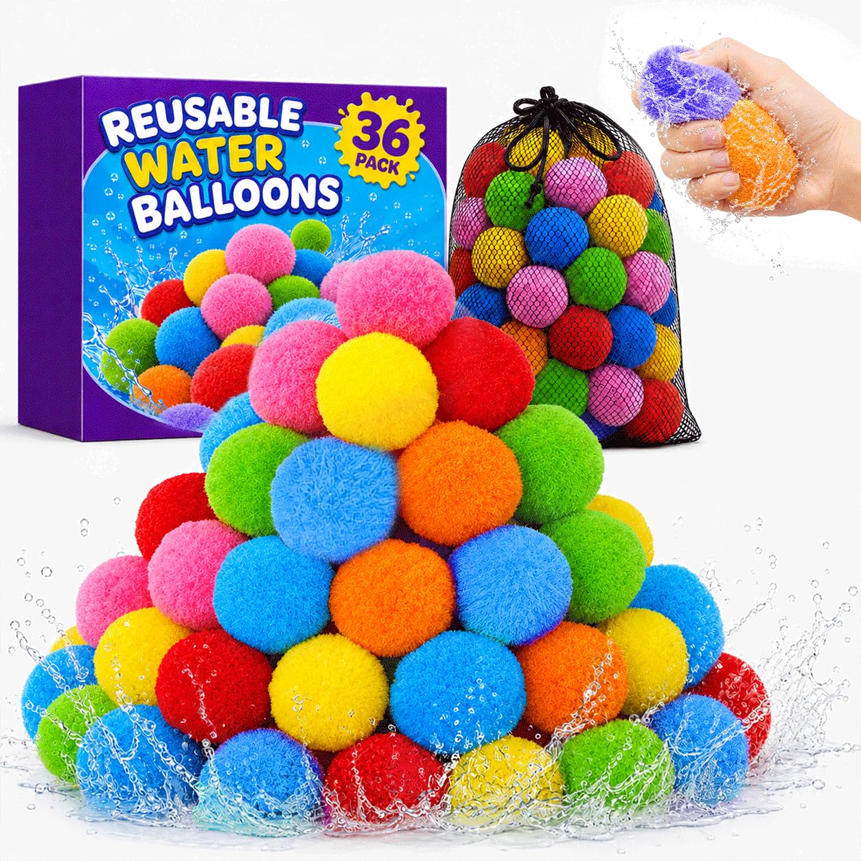36Pcs Reusable Water Sponge Balls, Soft Water Balloons Quick Easy Fill, Refillable Splash Ball for Outdoor Water Games with Storage Bag, Colorful Water Fight Balls for Pool Beach Backyard Summer