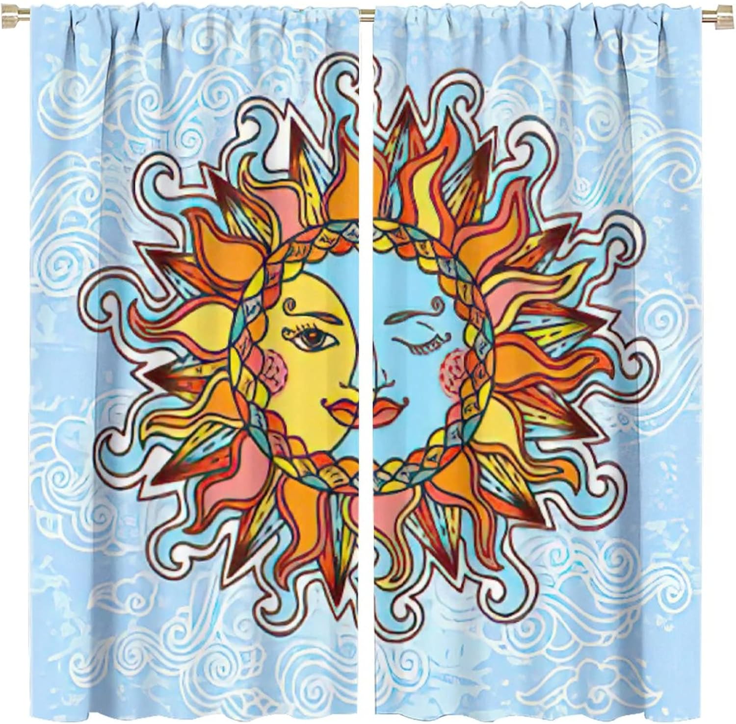 Sun Moon Curtain, Magic Astrology Divination Room Darkening Door Window Rod Pocket Curtain for Bedroom Kitchen Living Room 42x54in