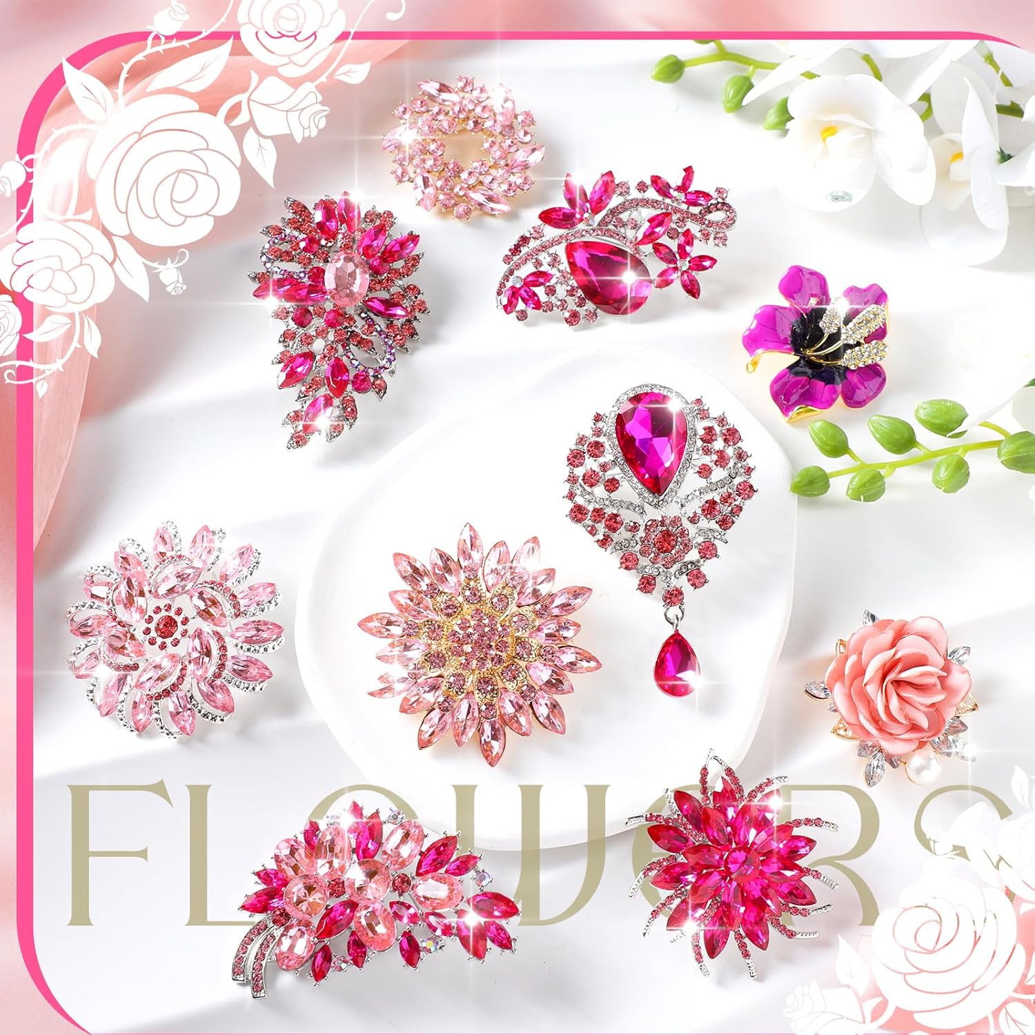 10 Pcs Brooches for Women Elegant Rhinestone Bouquet Brooch Pin Crystal Flower Brooch Pink snowflake pin for Wedding Bridal Dress Corsage Bouquet Coats Jackets Sweaters Clothing Accessories - Image 3